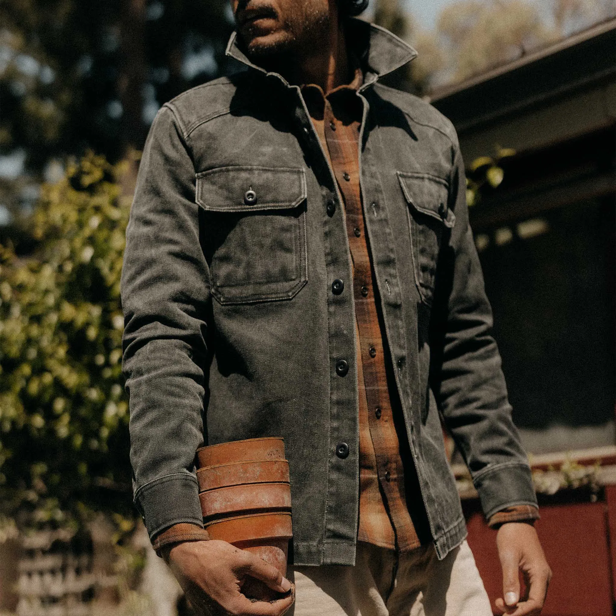 The Shop Shirt in Coal Chipped Canvas Packable Construction