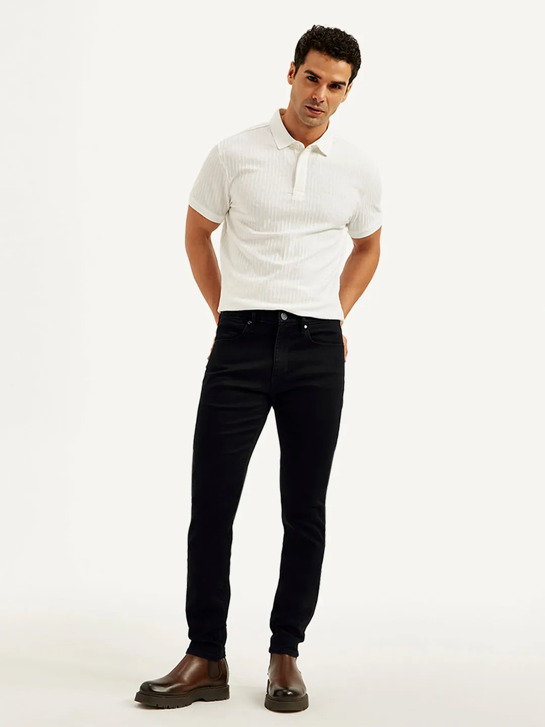 Men's Redloop 512 Black Slim Tapered Fit Mid Rise Jeans Textured Party Look Soft All Around