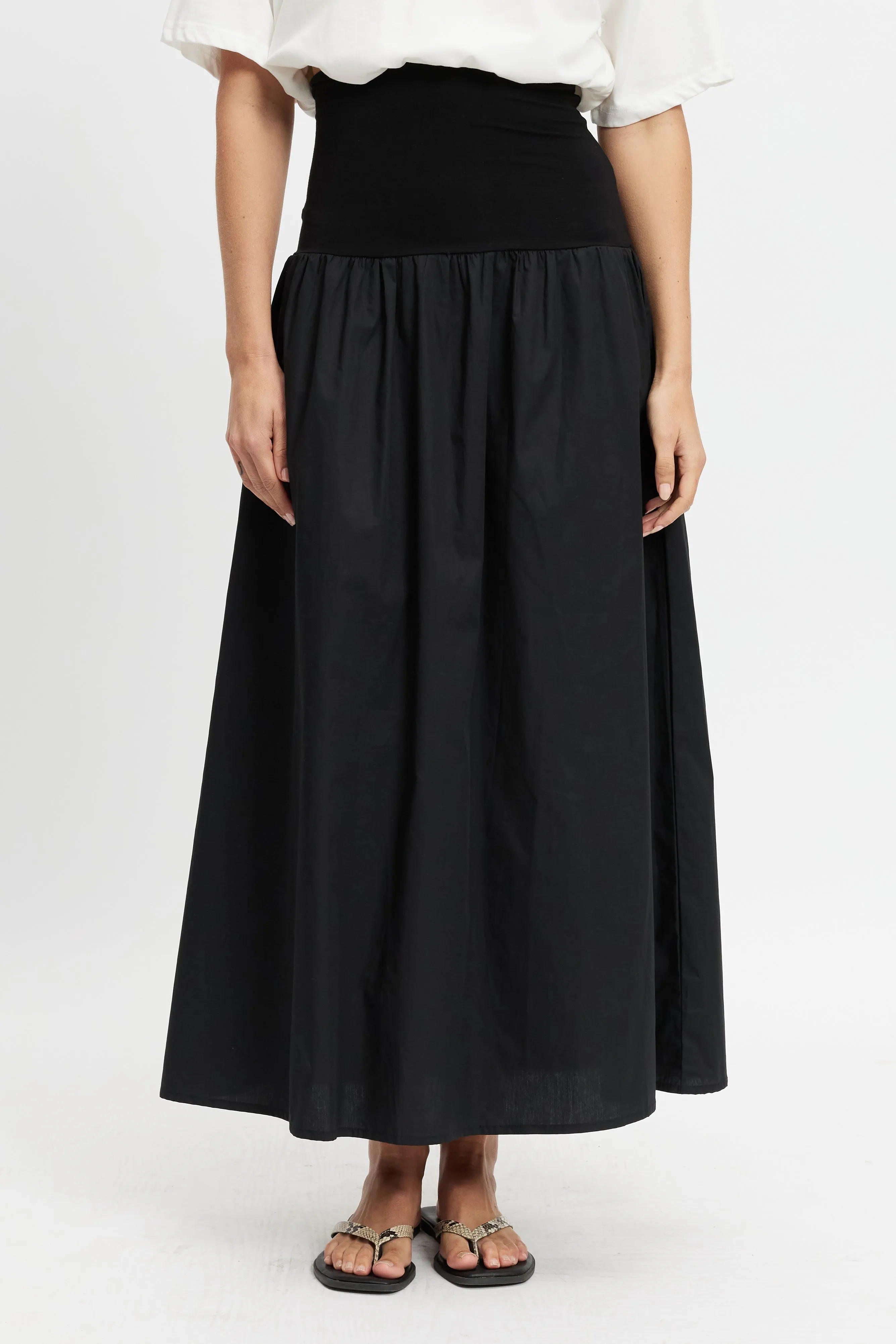 Emmy Drop-Waist Jersey Poplin Midi Skirt - Black Versatile Style Easy Wash