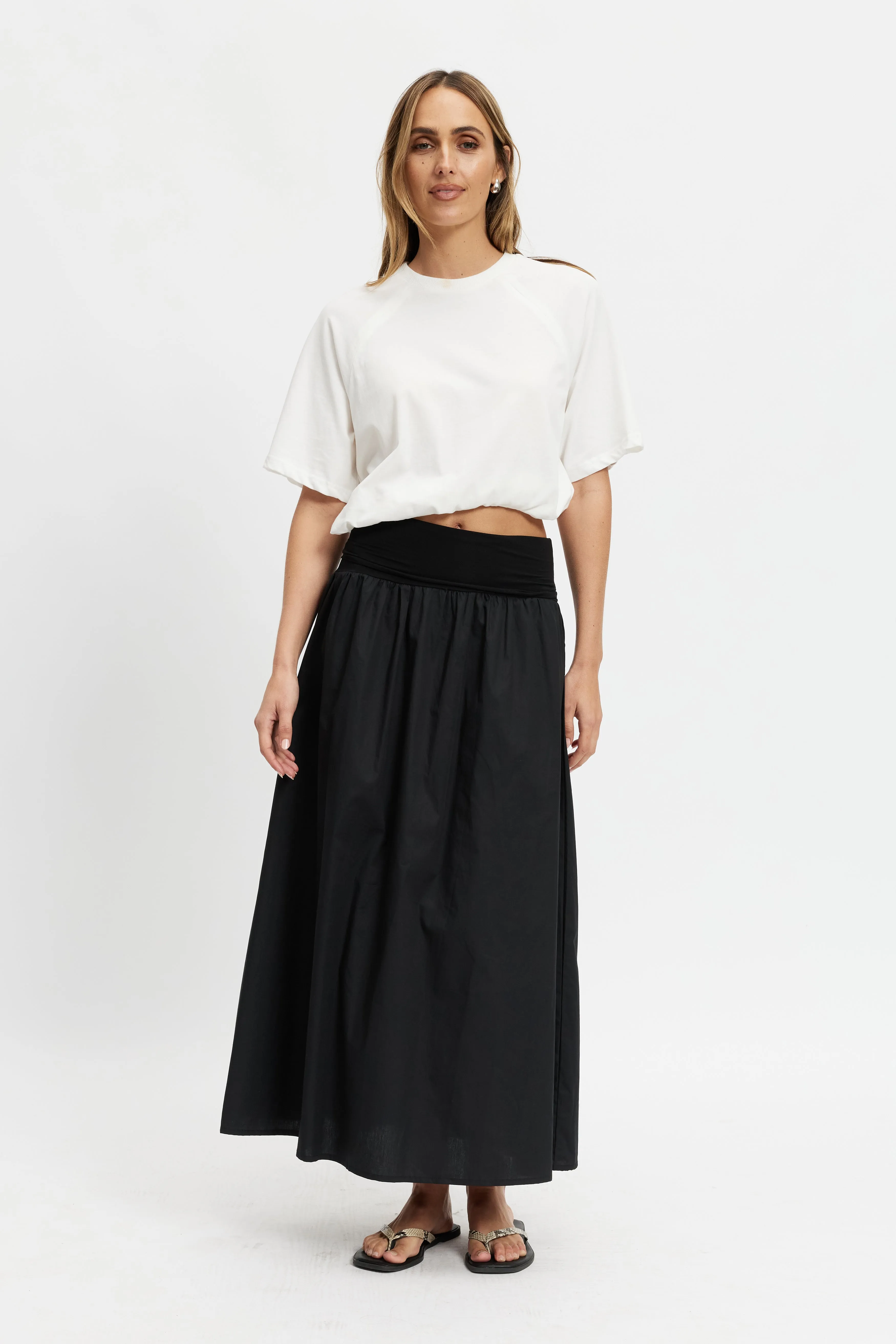 Stain Resistant removable cups Emmy Drop-Waist Jersey Poplin Midi Skirt - Black