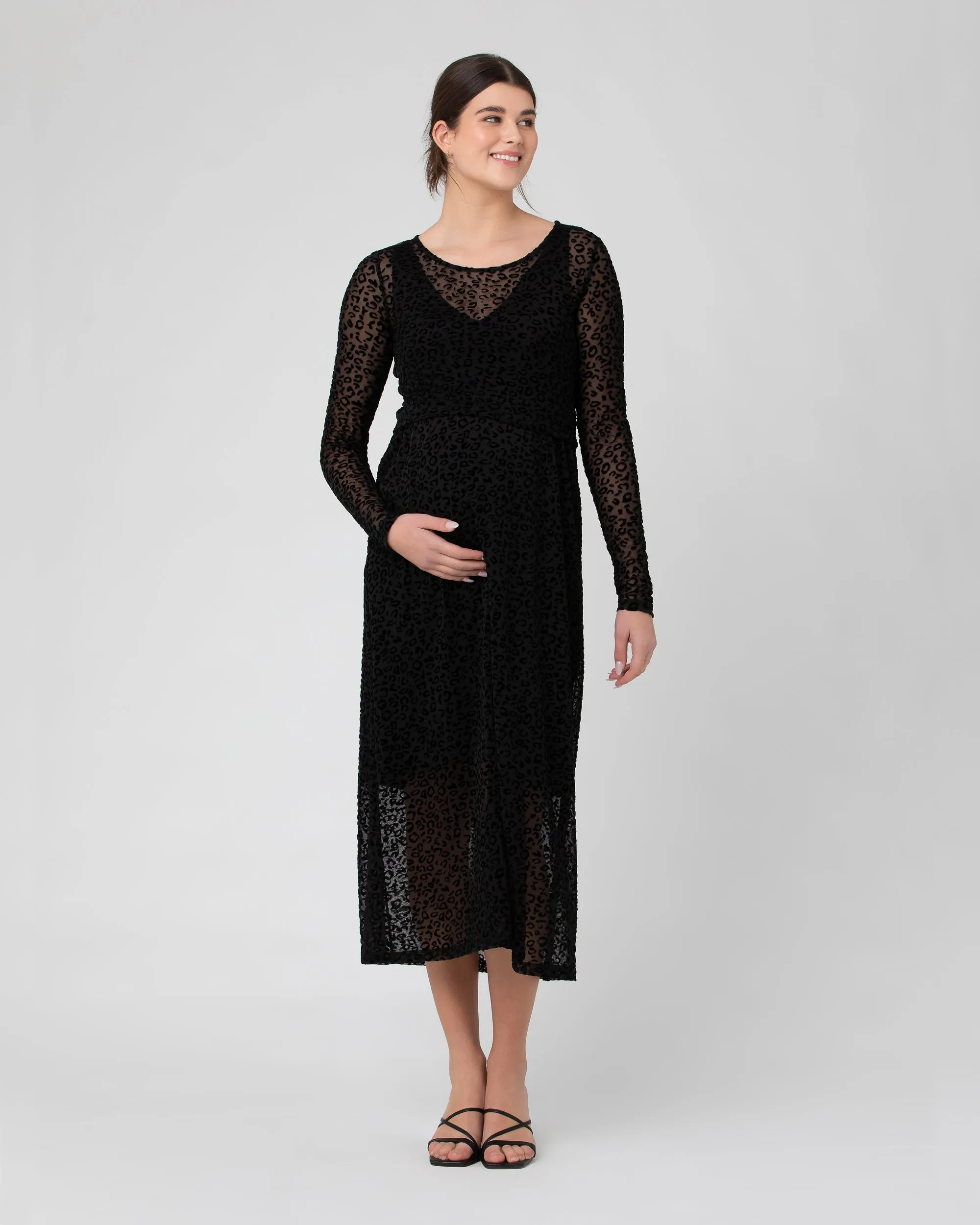 Leo Flocked Nursing Dress Black Ruffle Detail