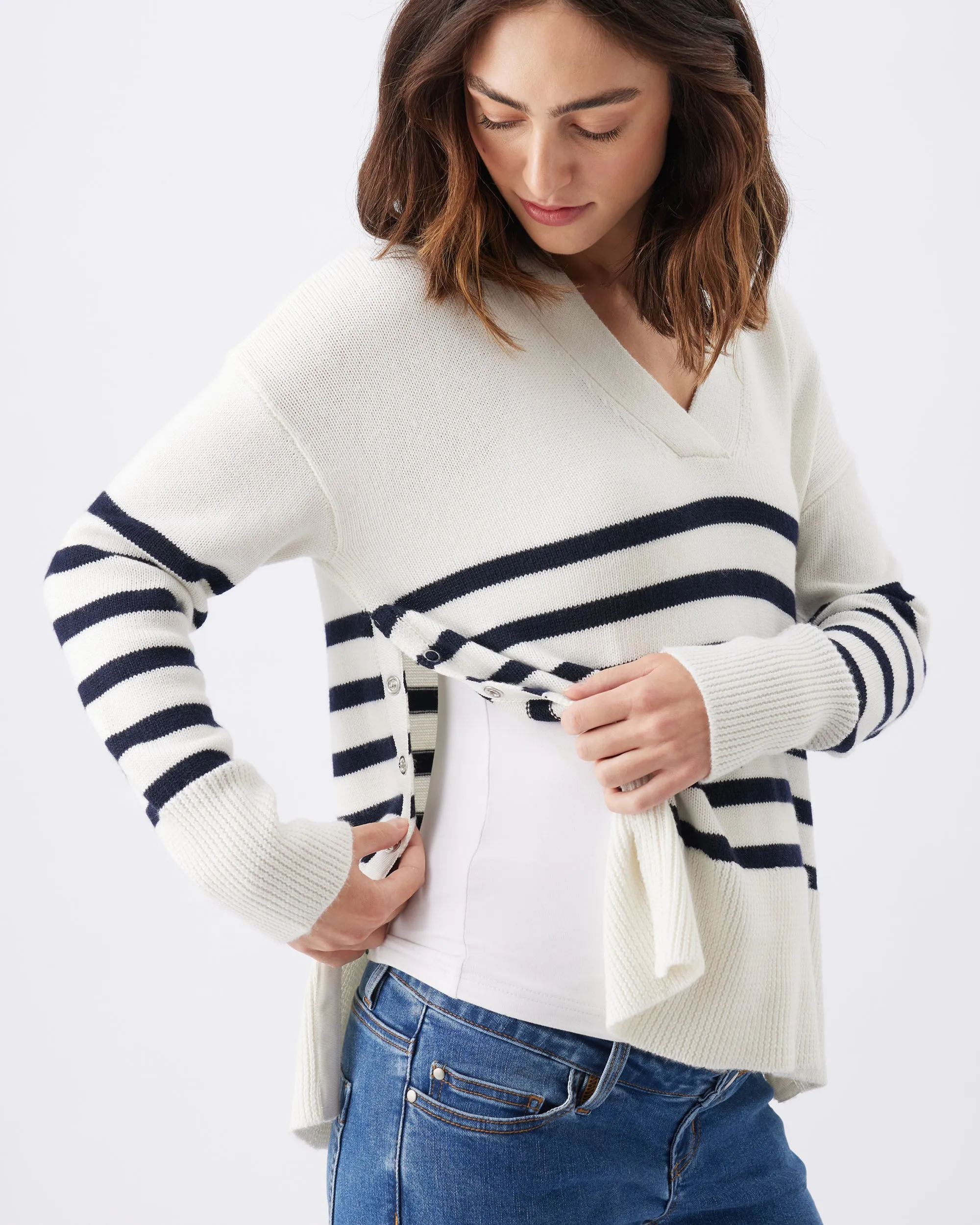 Hanna Nursing Knit  White / Navy Sustainable Fabric modern mom