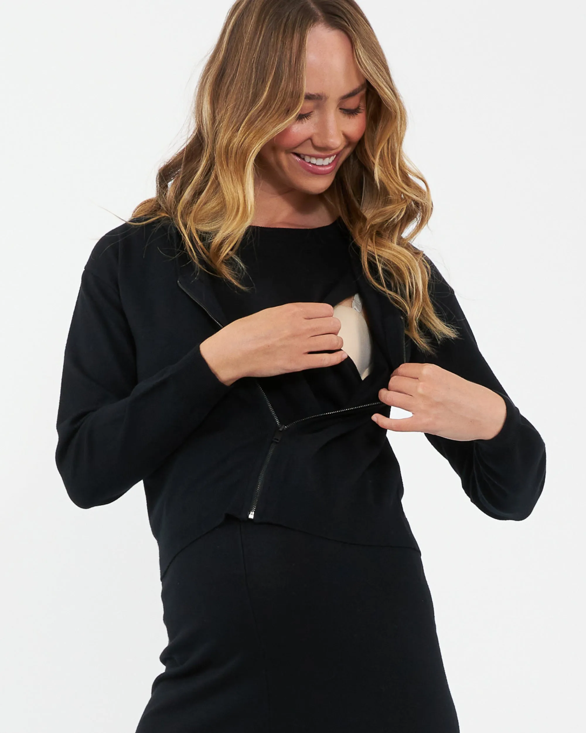 Reese Nursing Knit Hoodie Black pregnancy support plush robe