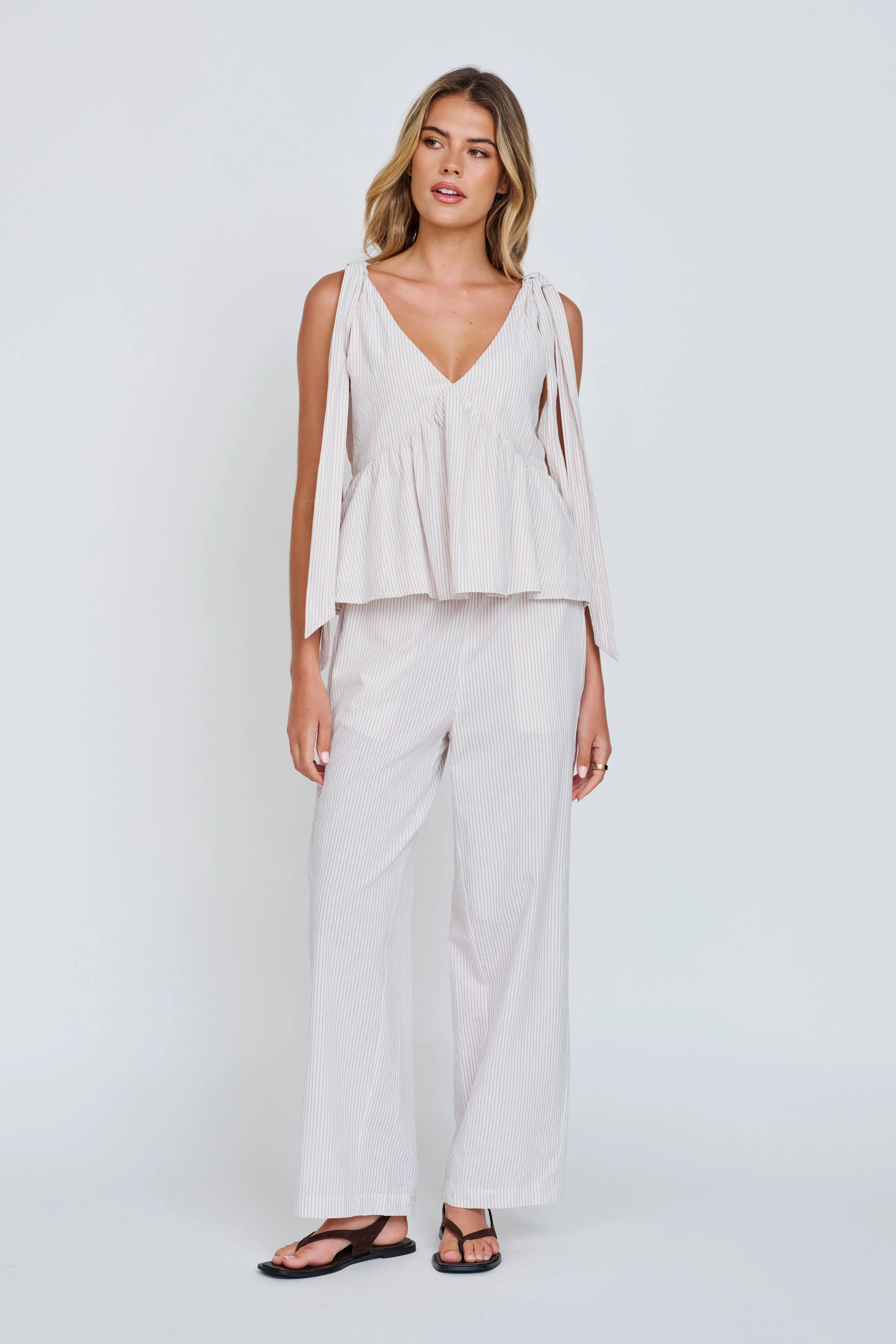 hospital bag item Round Neck Myra Stripe Barrel Leg Pant - White / Beige