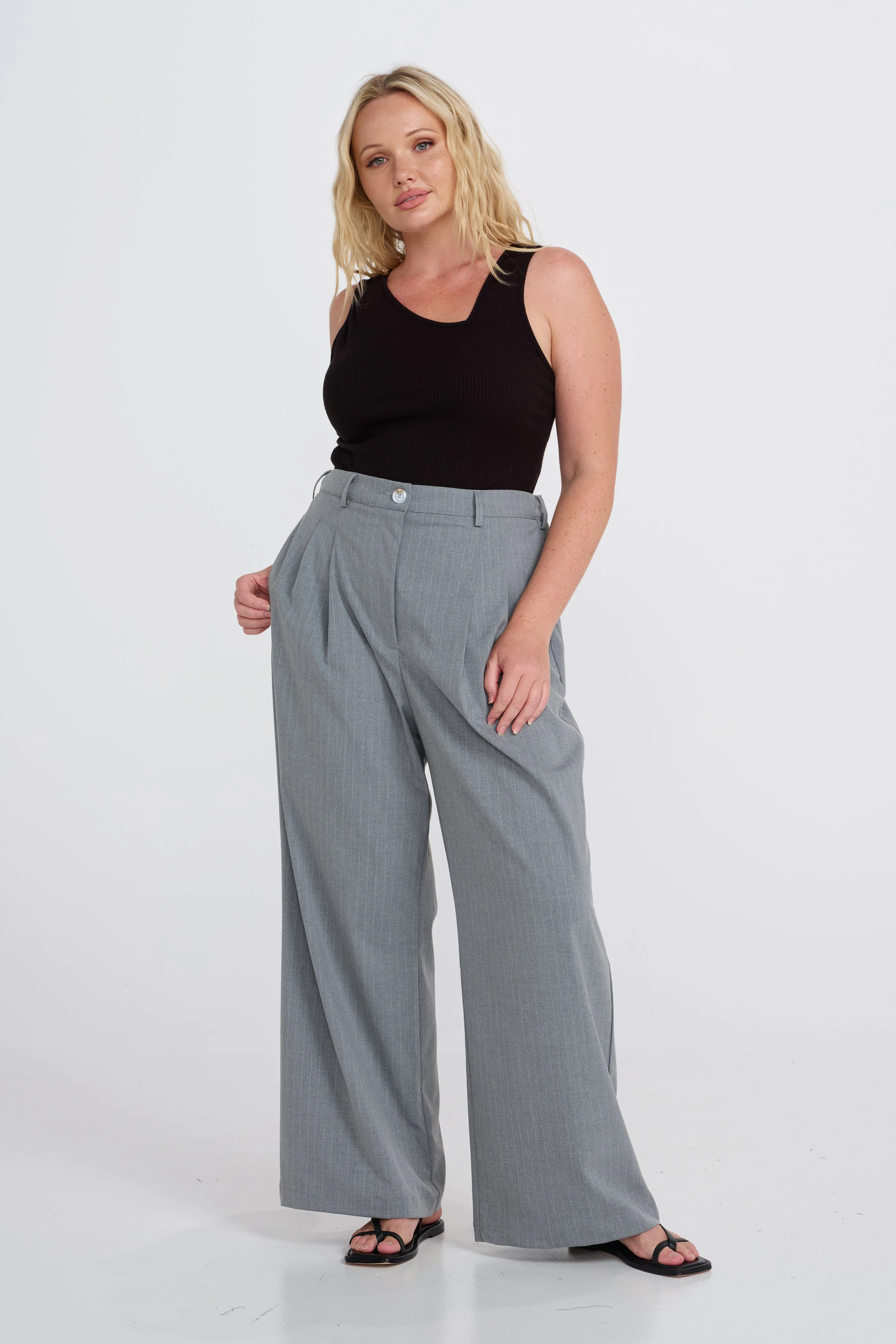 Zadie Pinstripe Adjustable Wide Leg Trouser - Grey Pocket Design