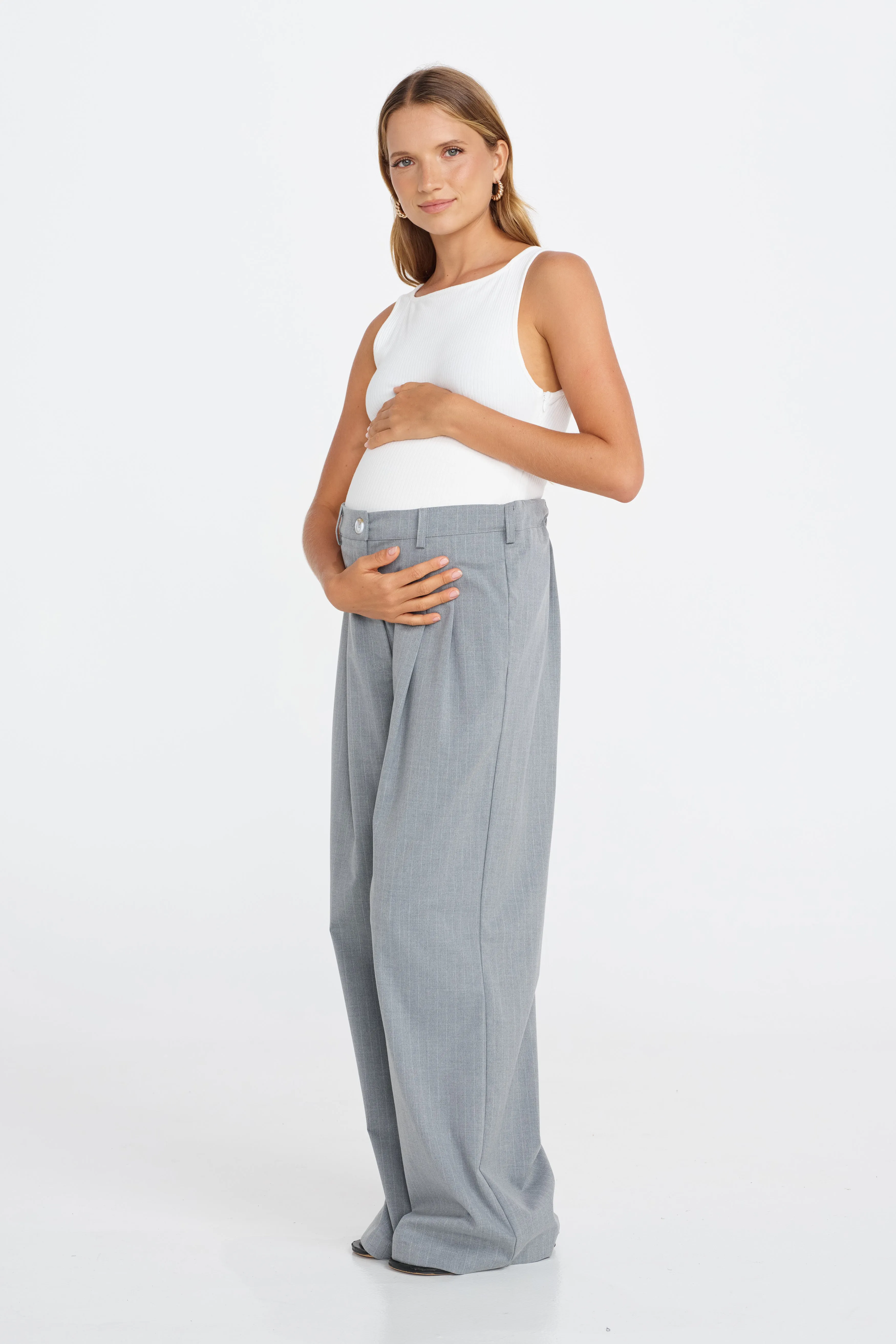 Flared hem birth plan Zadie Pinstripe Adjustable Wide Leg Trouser - Grey