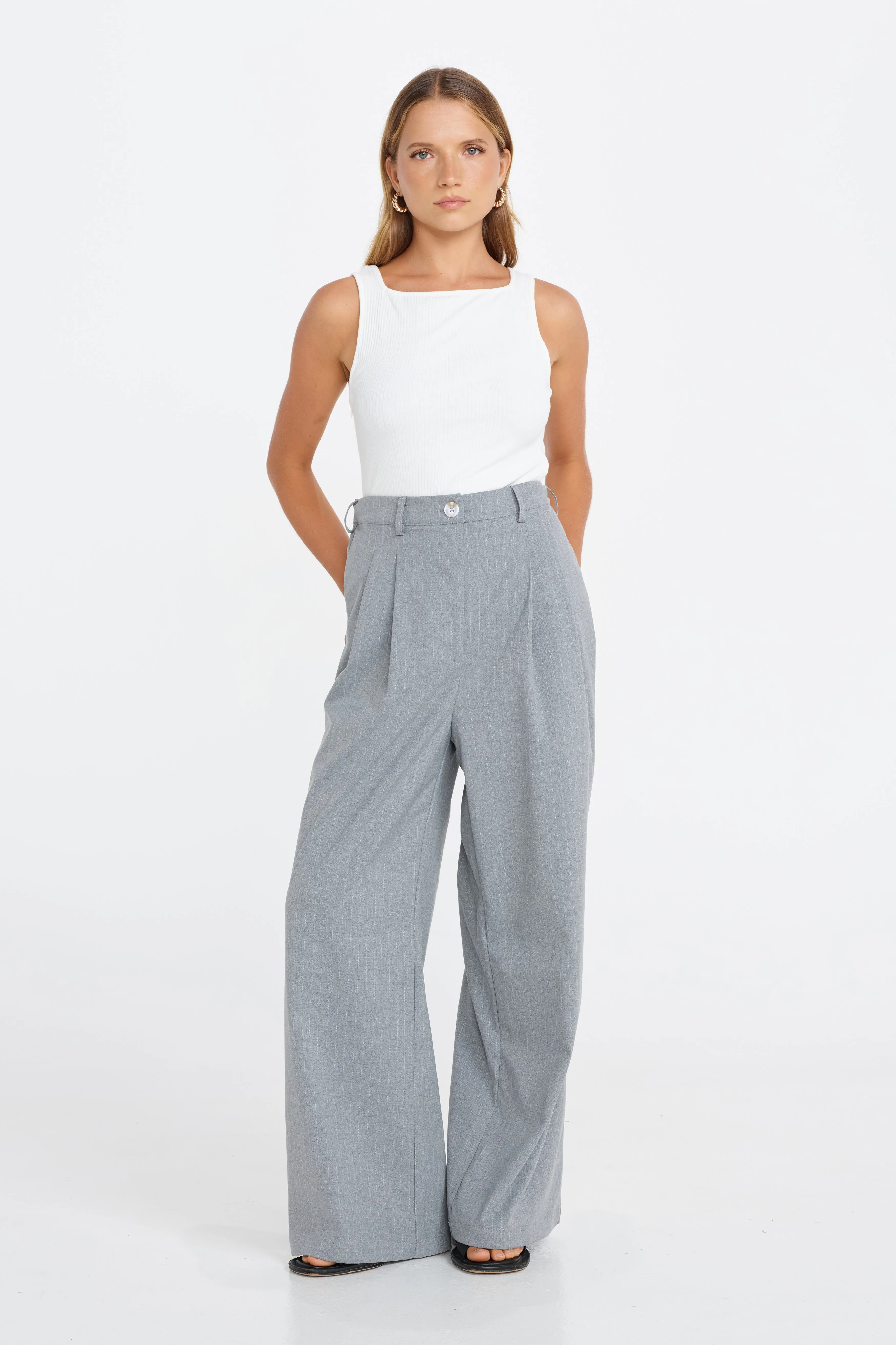 Quick Access breathable panels Zadie Pinstripe Adjustable Wide Leg Trouser - Grey
