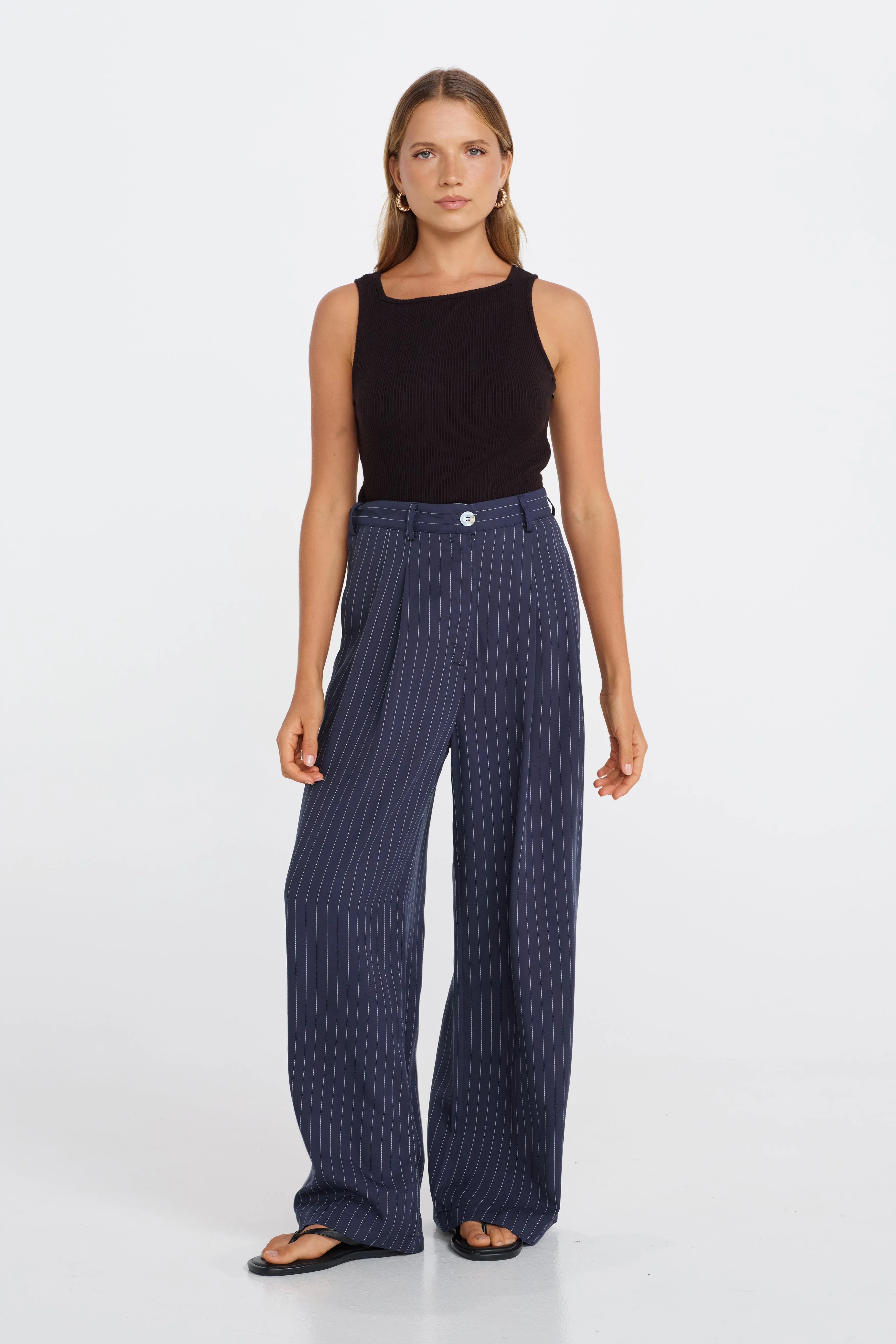 third trimester Bambi Pinstripe Adjustable Wide Leg Pant  - Navy / White