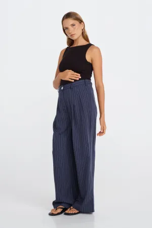 Flared hem Home Comfort Bambi Pinstripe Adjustable Wide Leg Pant  - Navy / White