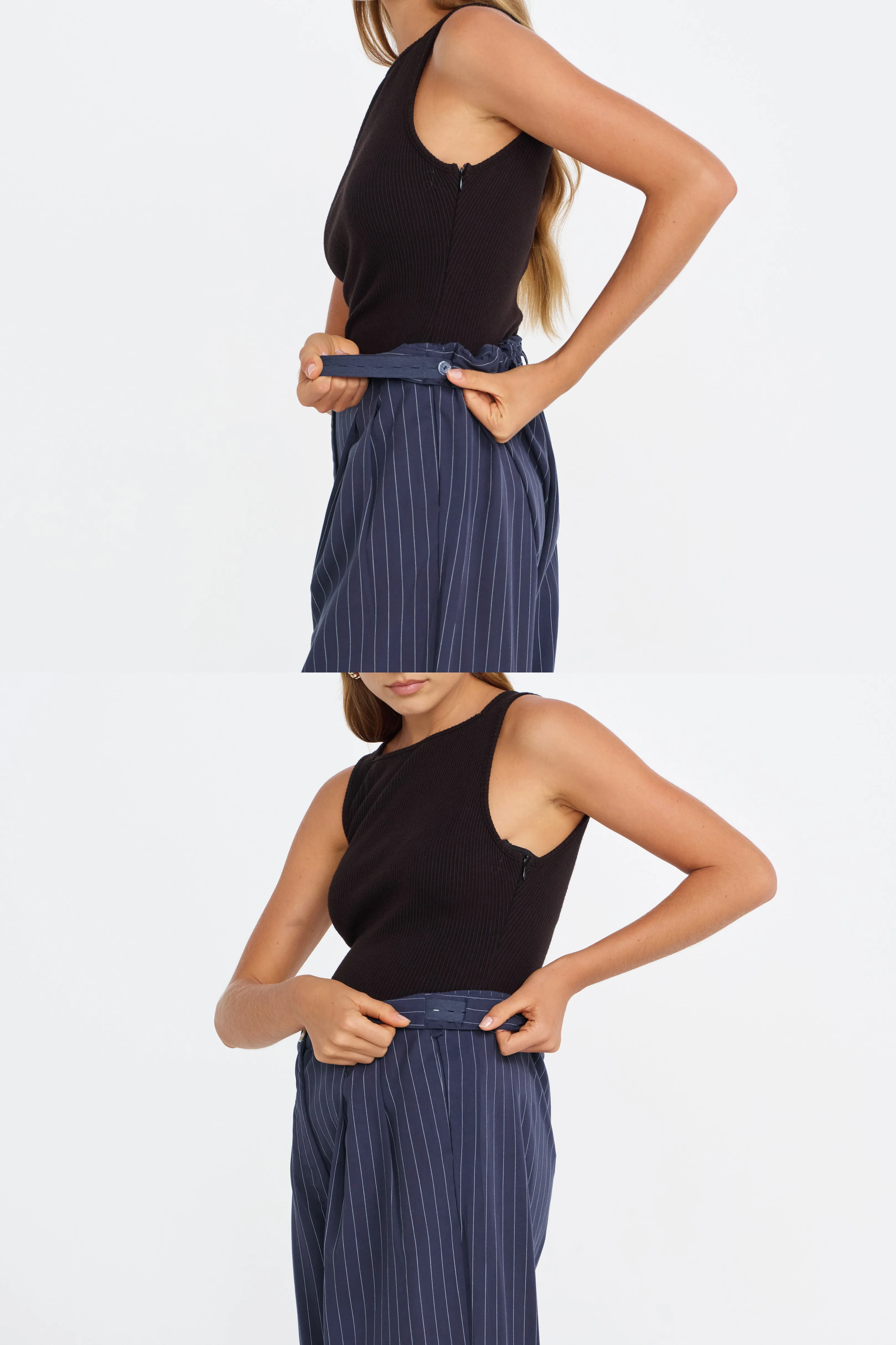 Bambi Pinstripe Adjustable Wide Leg Pant  - Navy / White belly coverage convertible dress