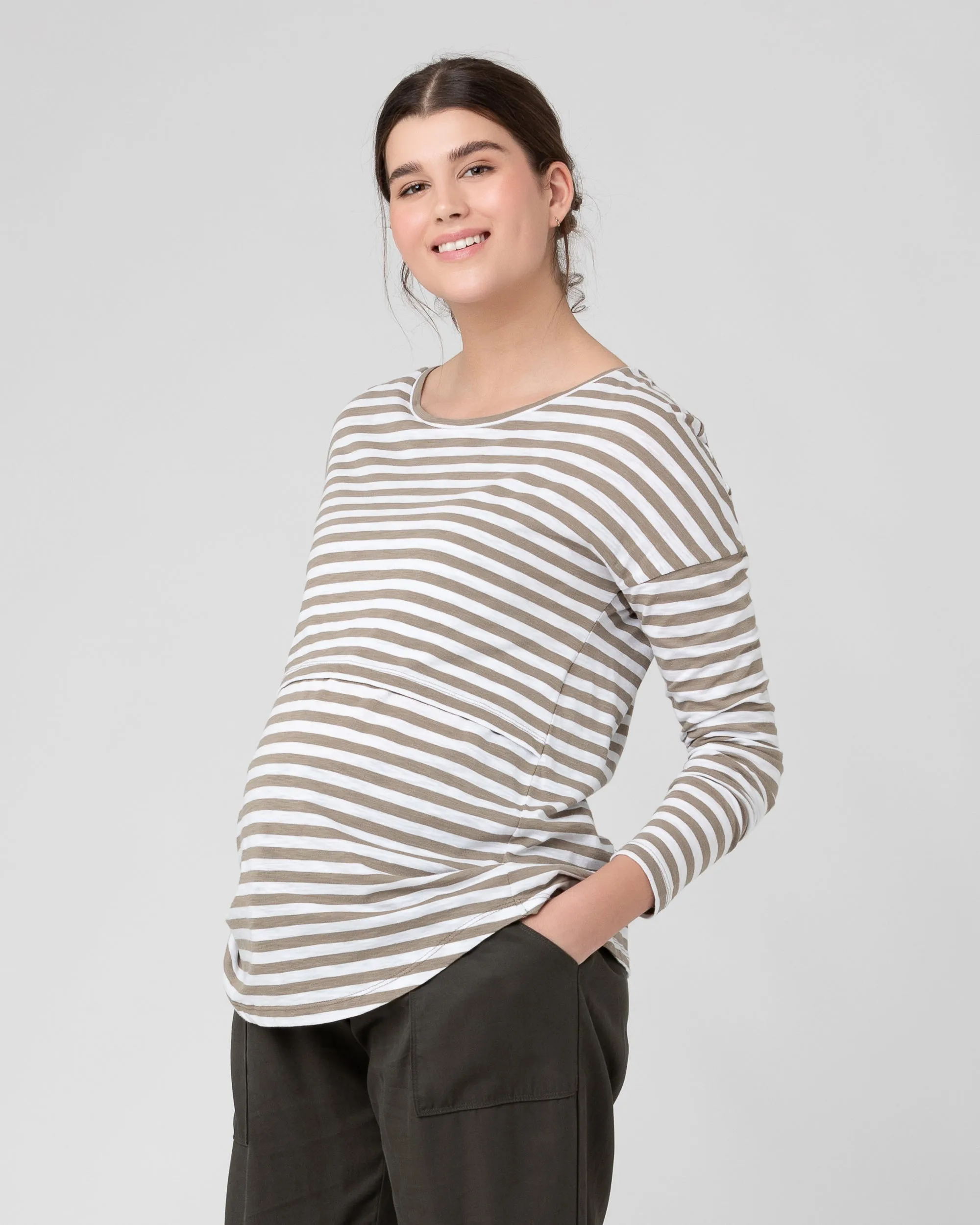Lionel Long Sleeve Nursing Tee Olive / White Full Coverage Maternity Activewear