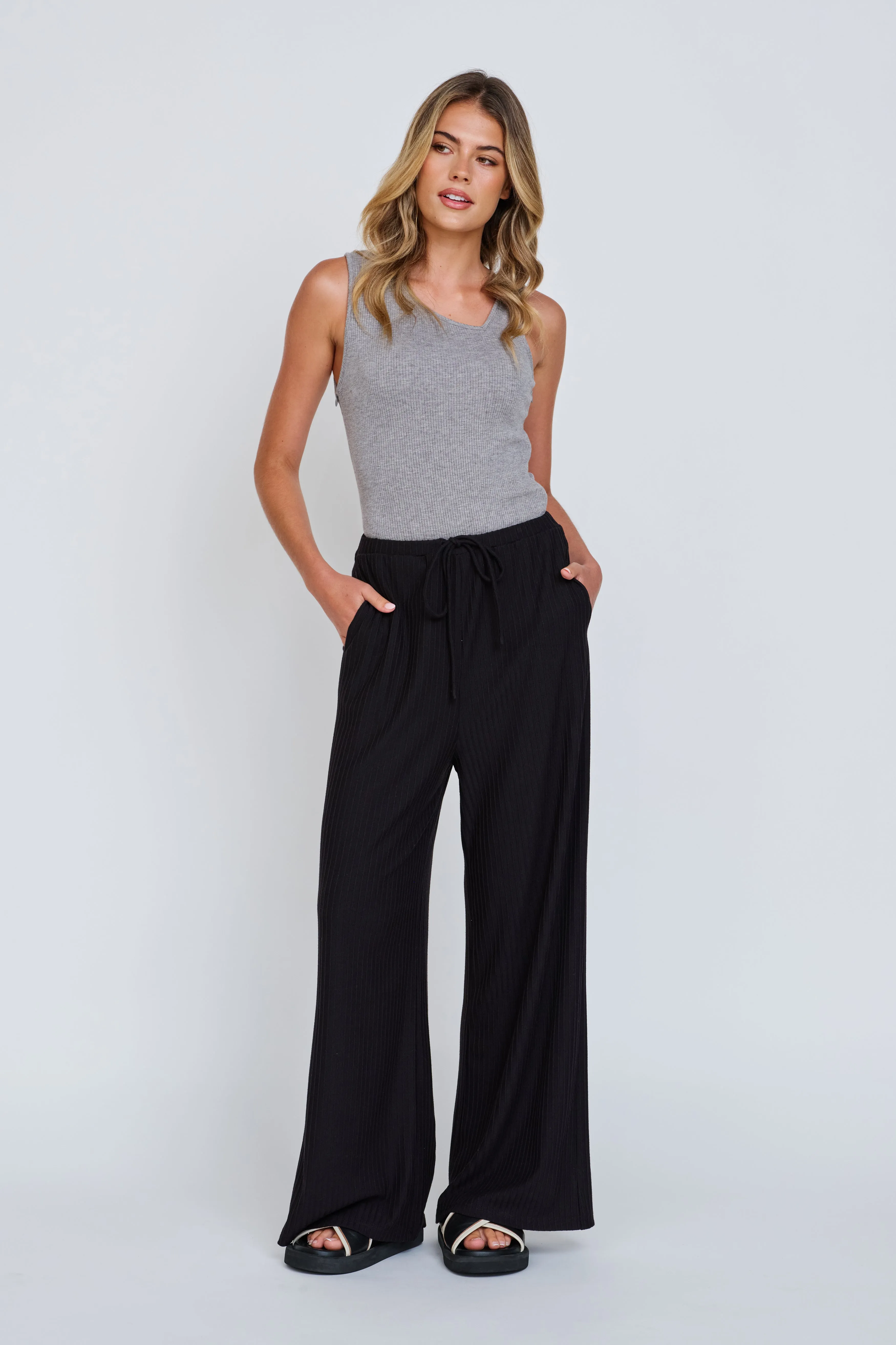 tie waist Ivy 2.0 Ribbed Wide Leg Pant - Black