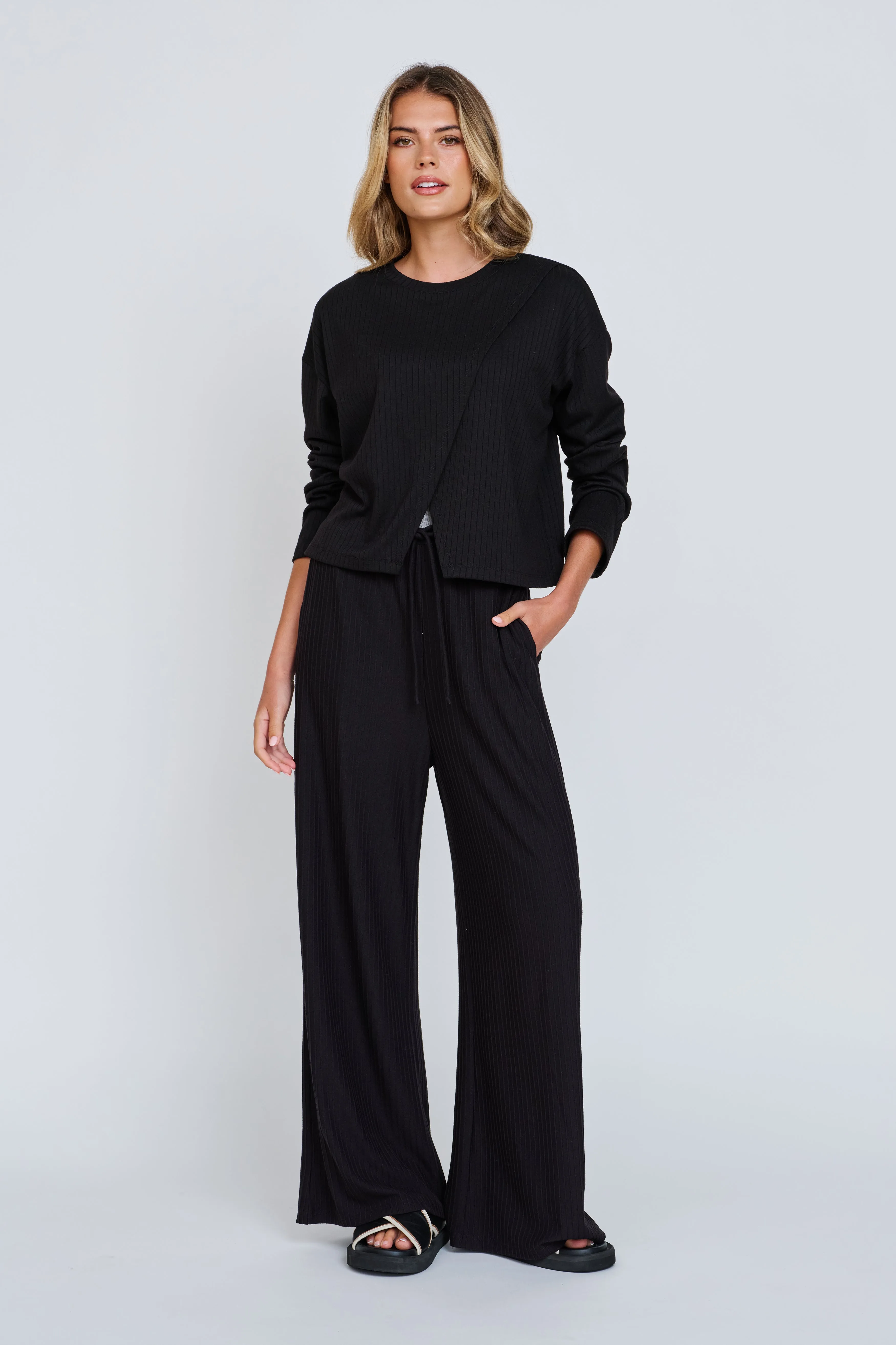 Ivy 2.0 Ribbed Wide Leg Pant - Black Scoop neck Everyday Wear