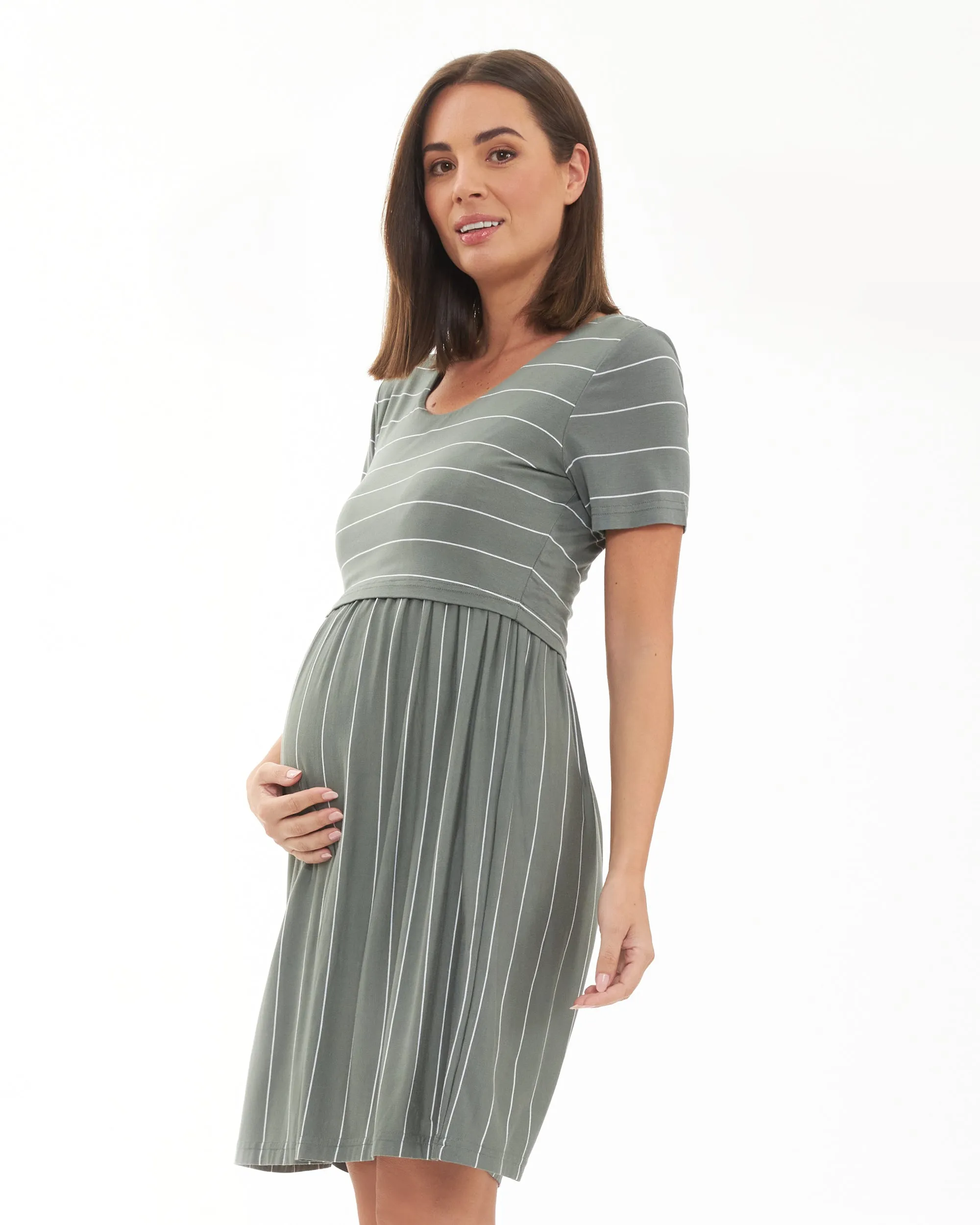 postpartum phase Mock neck Crop Top Nursing Dress Olive / White