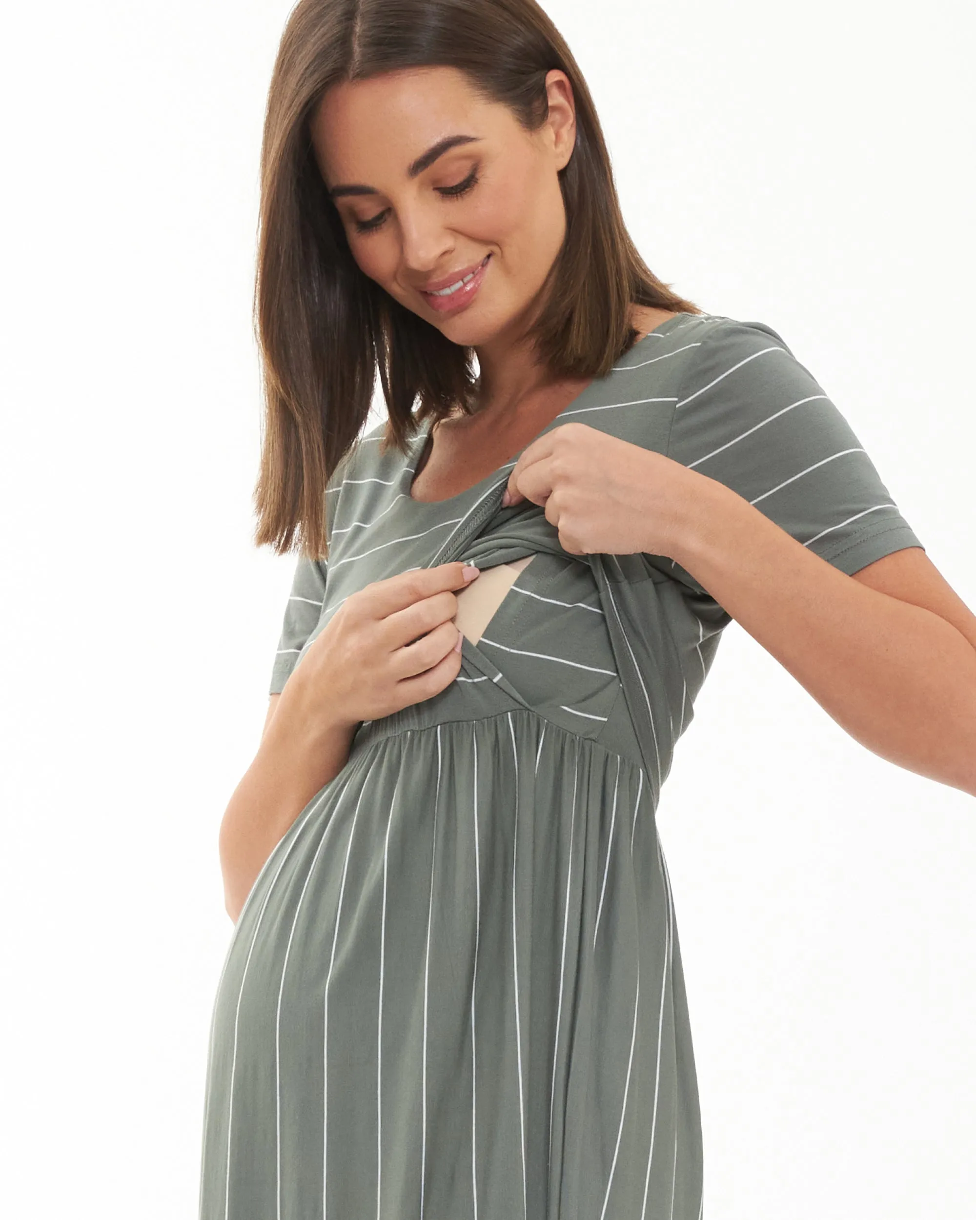 Crop Top Nursing Dress Olive / White maternity swimwear maternity wear