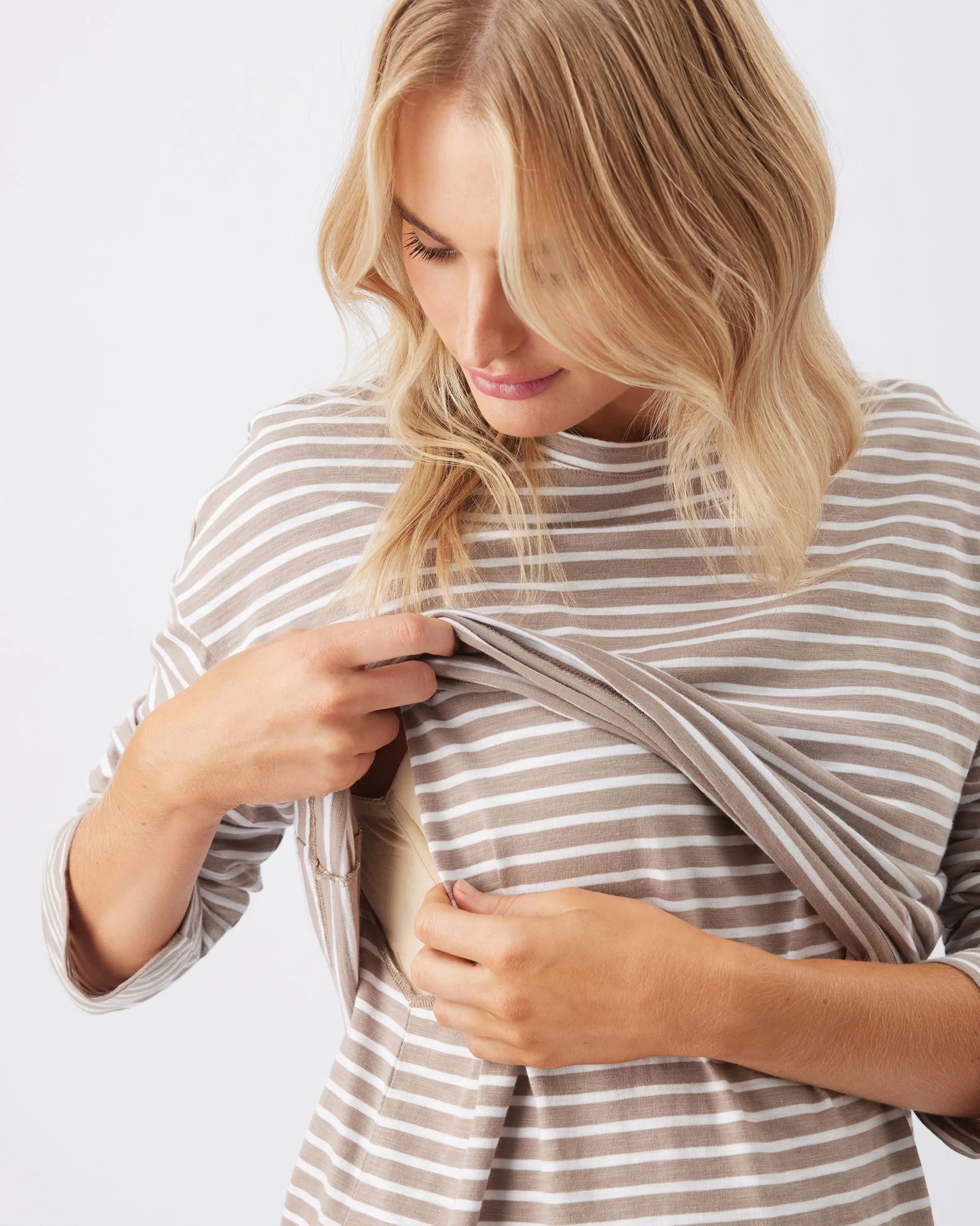 V neck Claudette Long Sleeve Nursing Top Taupe / White
