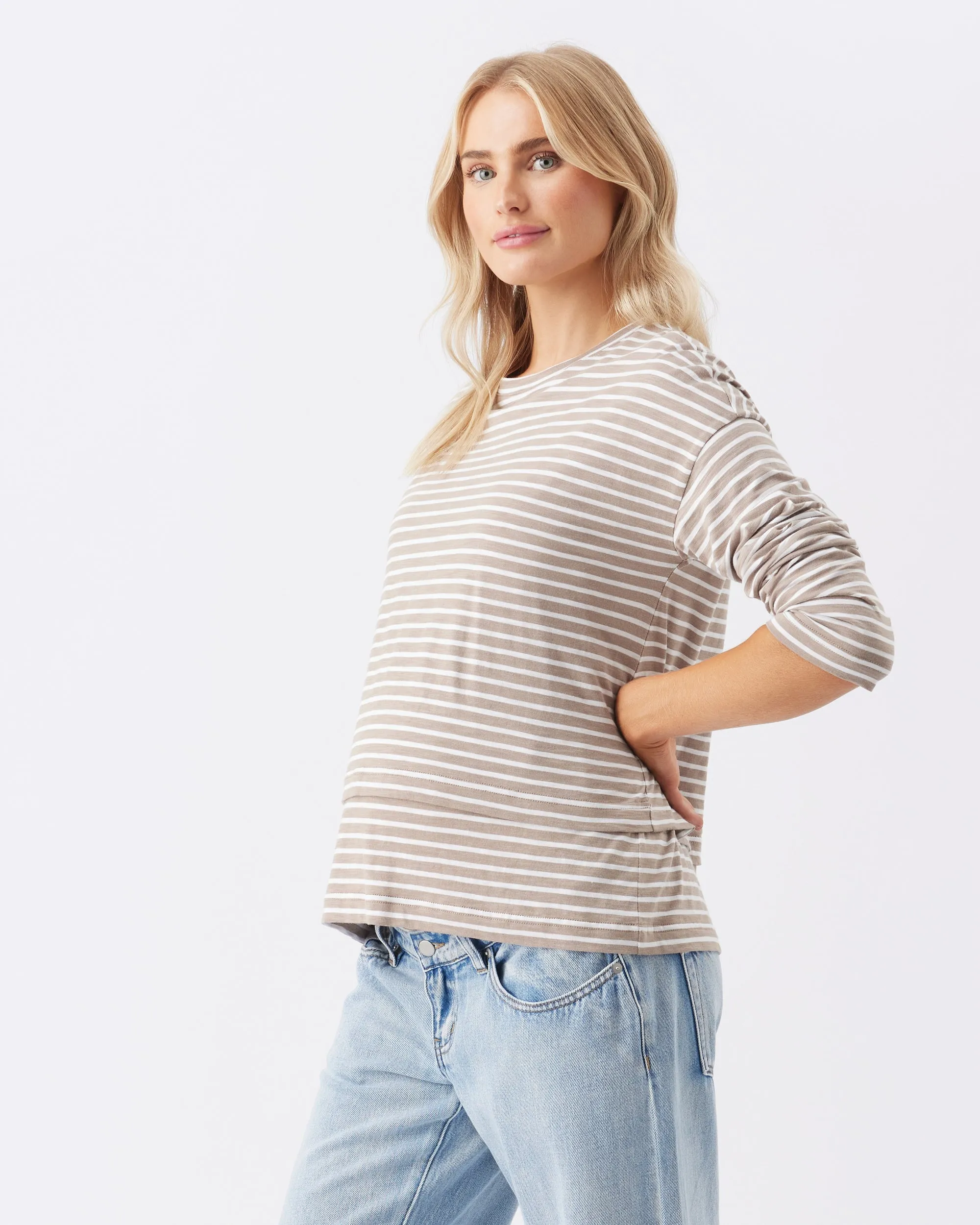 Basic Essentials Hassle free Claudette Long Sleeve Nursing Top Taupe / White