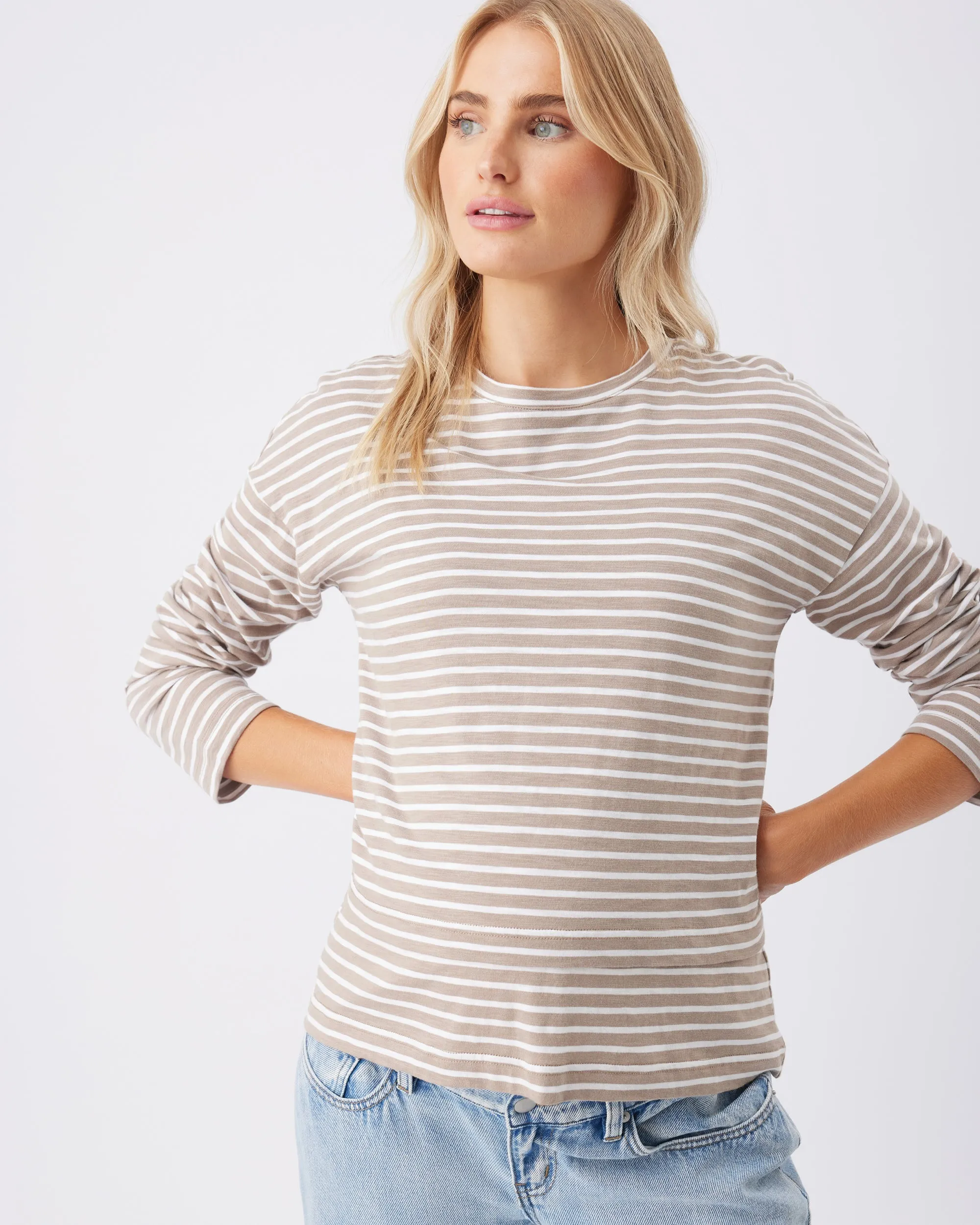 Breathability button detail Claudette Long Sleeve Nursing Top Taupe / White