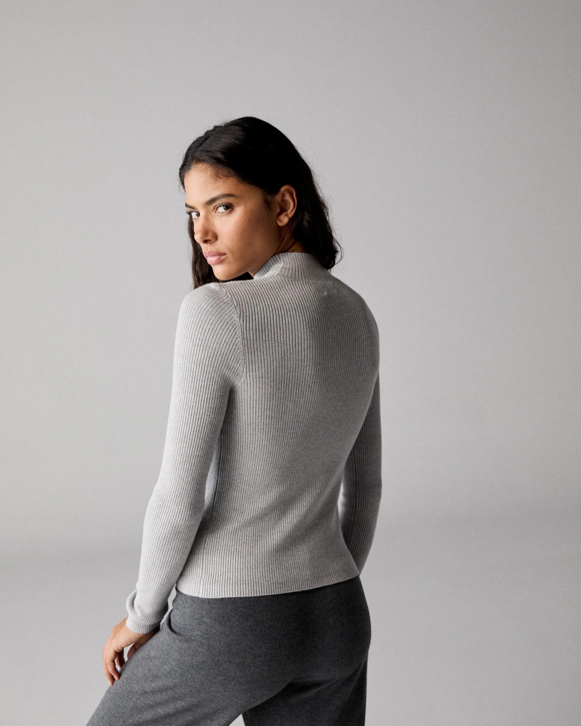 Branded Rib Knit Mock Neck Top - Light Grey Melange Gentle Fabric MultiDirectional Elasticity
