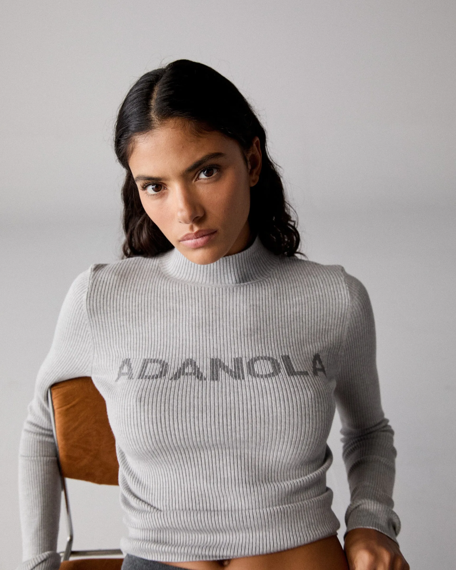 Branded Rib Knit Mock Neck Top - Light Grey Melange Layered Collar Option