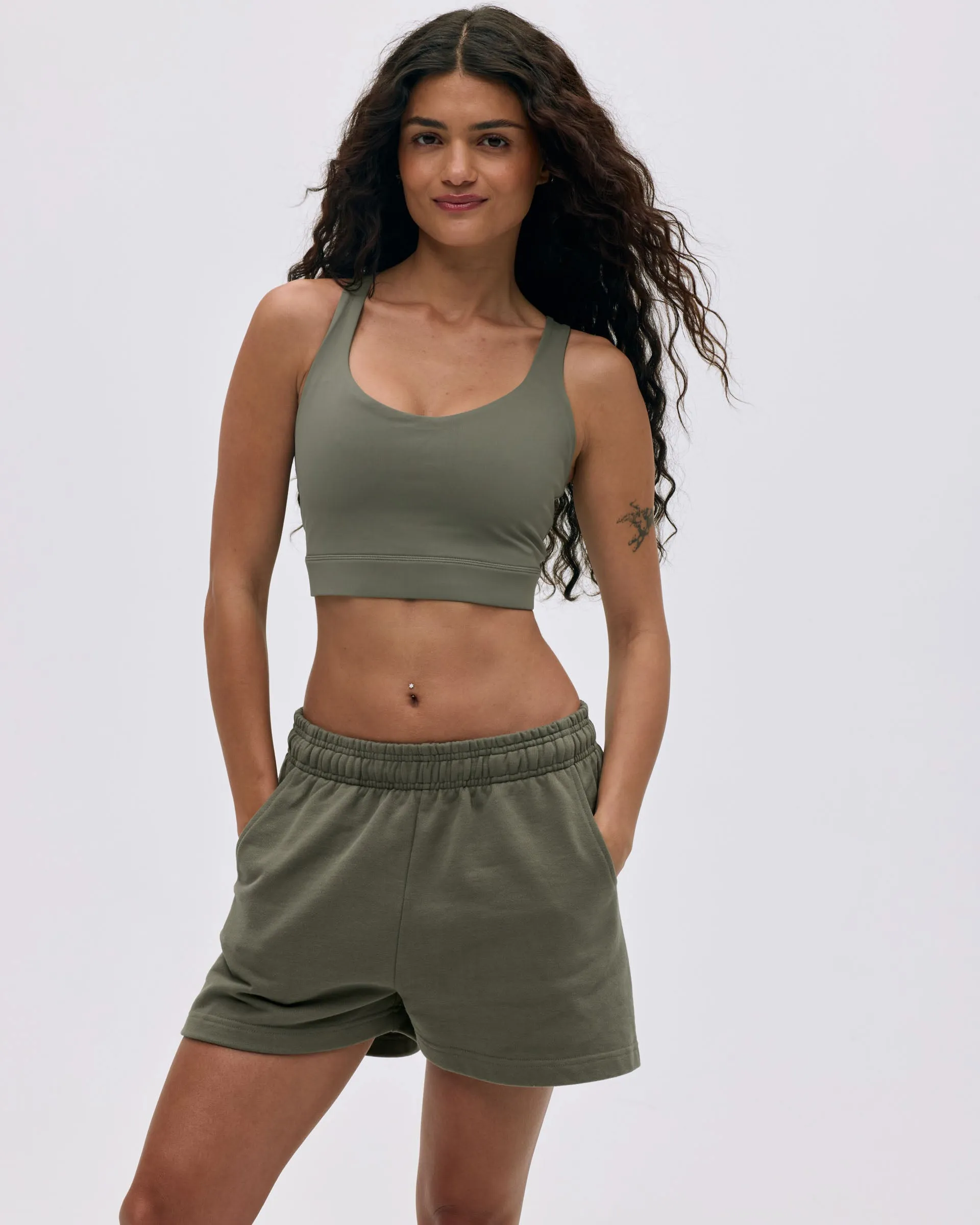 Pilates wear Beach Ready Branded Sweat Shorts - Olive Green