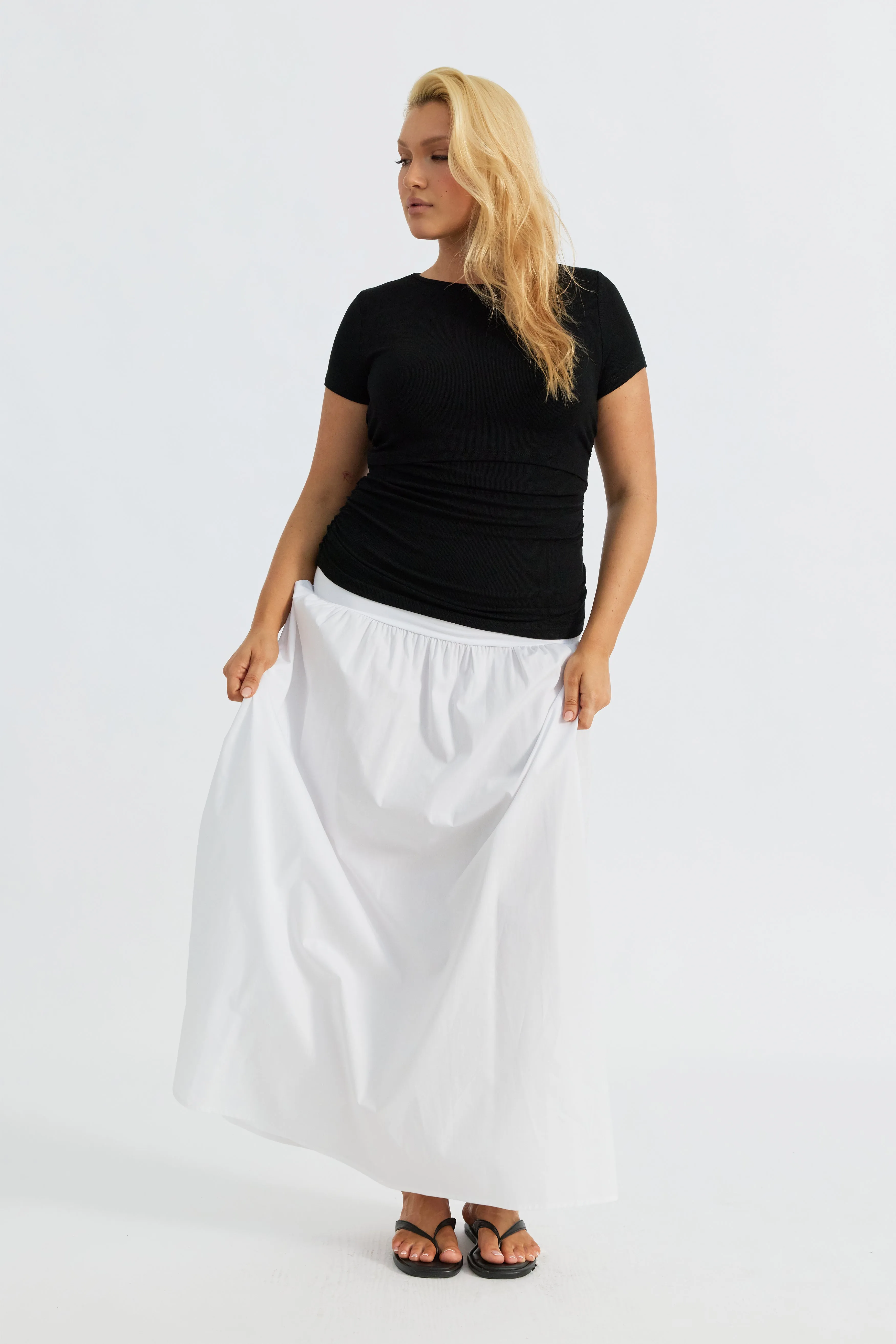 Skin-friendly Chic Mom Emmy Drop-Waist Jersey Poplin Maxi Skirt - White