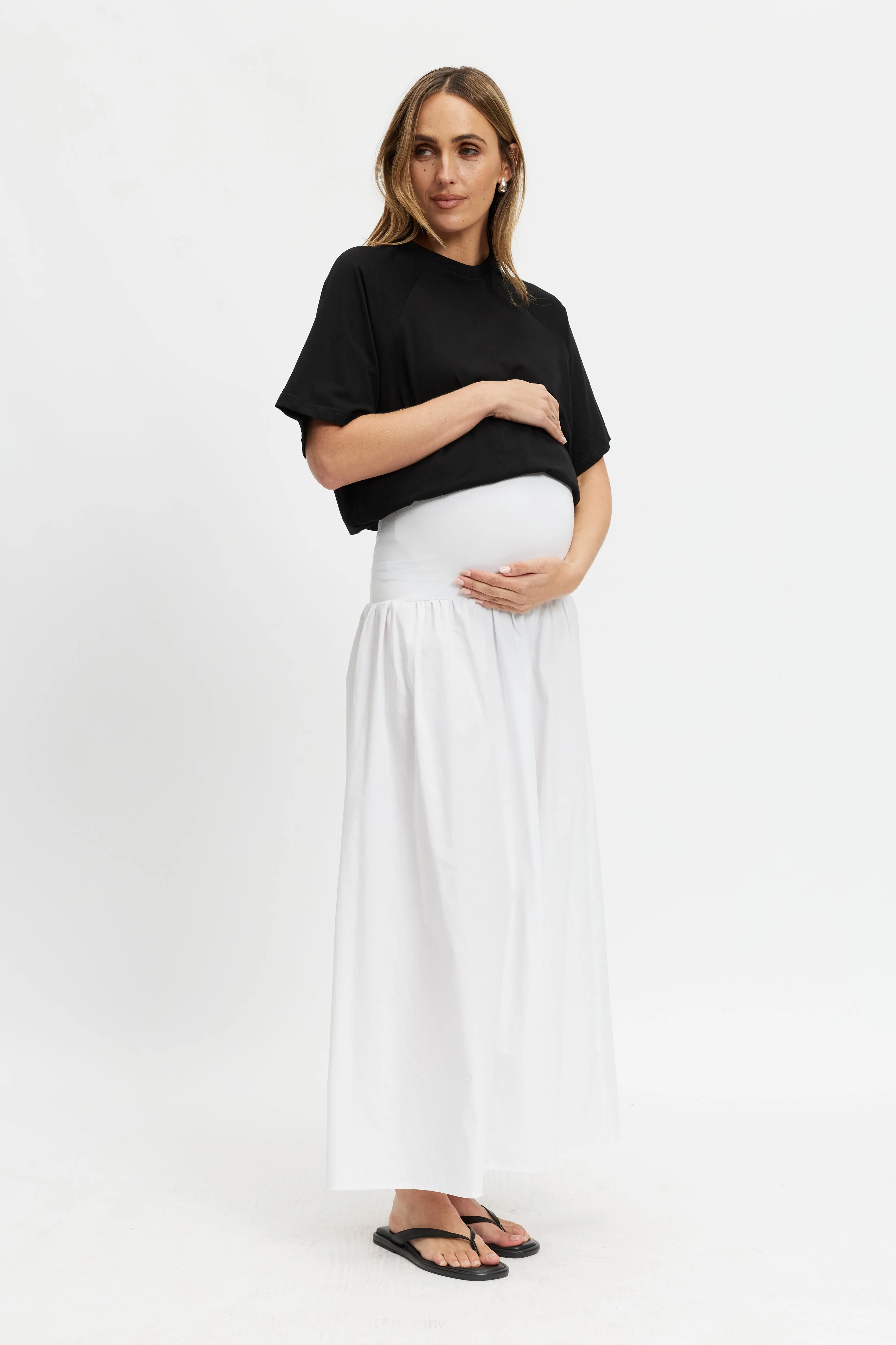 Emmy Drop-Waist Jersey Poplin Maxi Skirt - White Gentle On Skin Collar detail