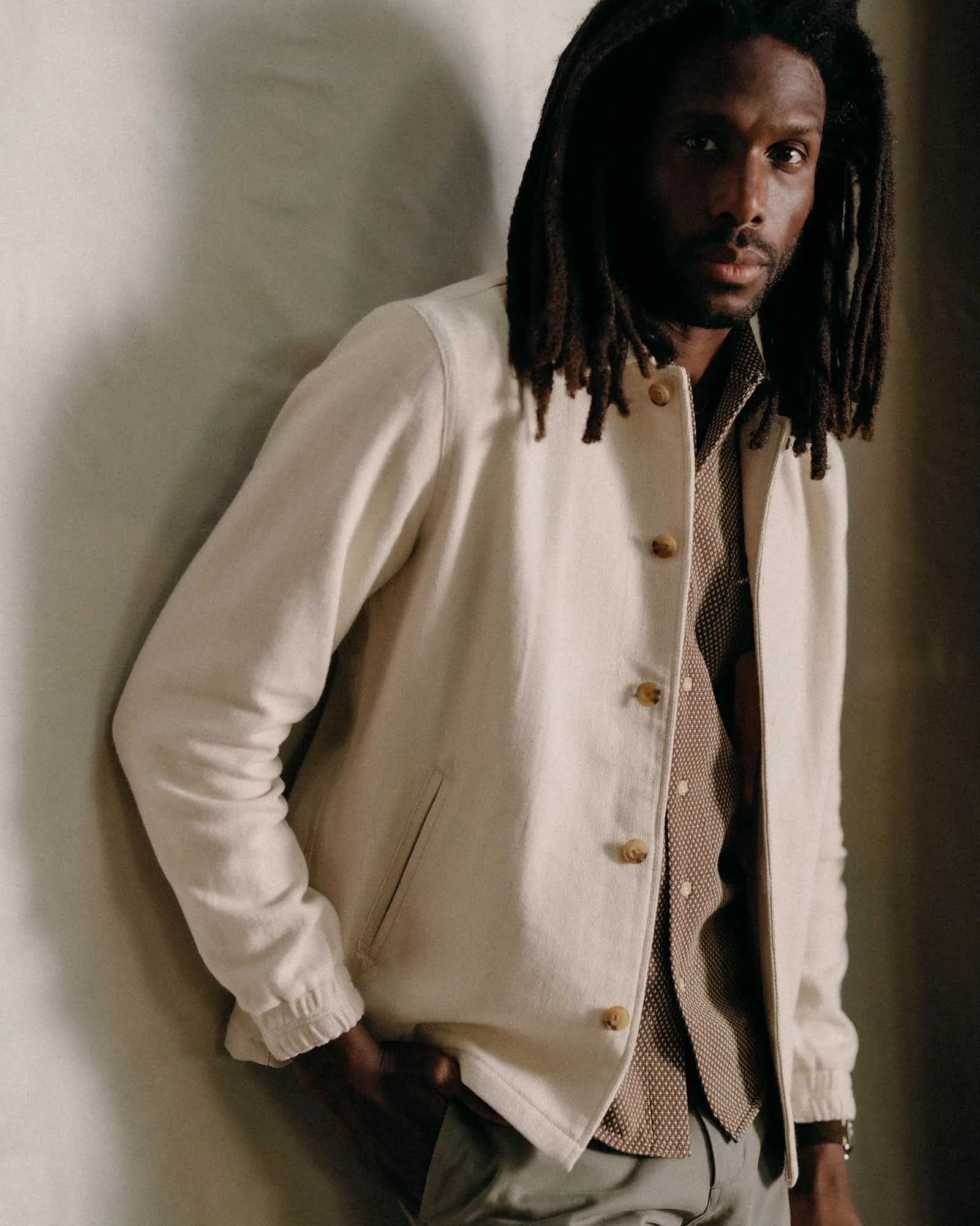 The Crew Jacket in Seeded Natural Sashiko MagneticClosureSystem Ergonomic Seams