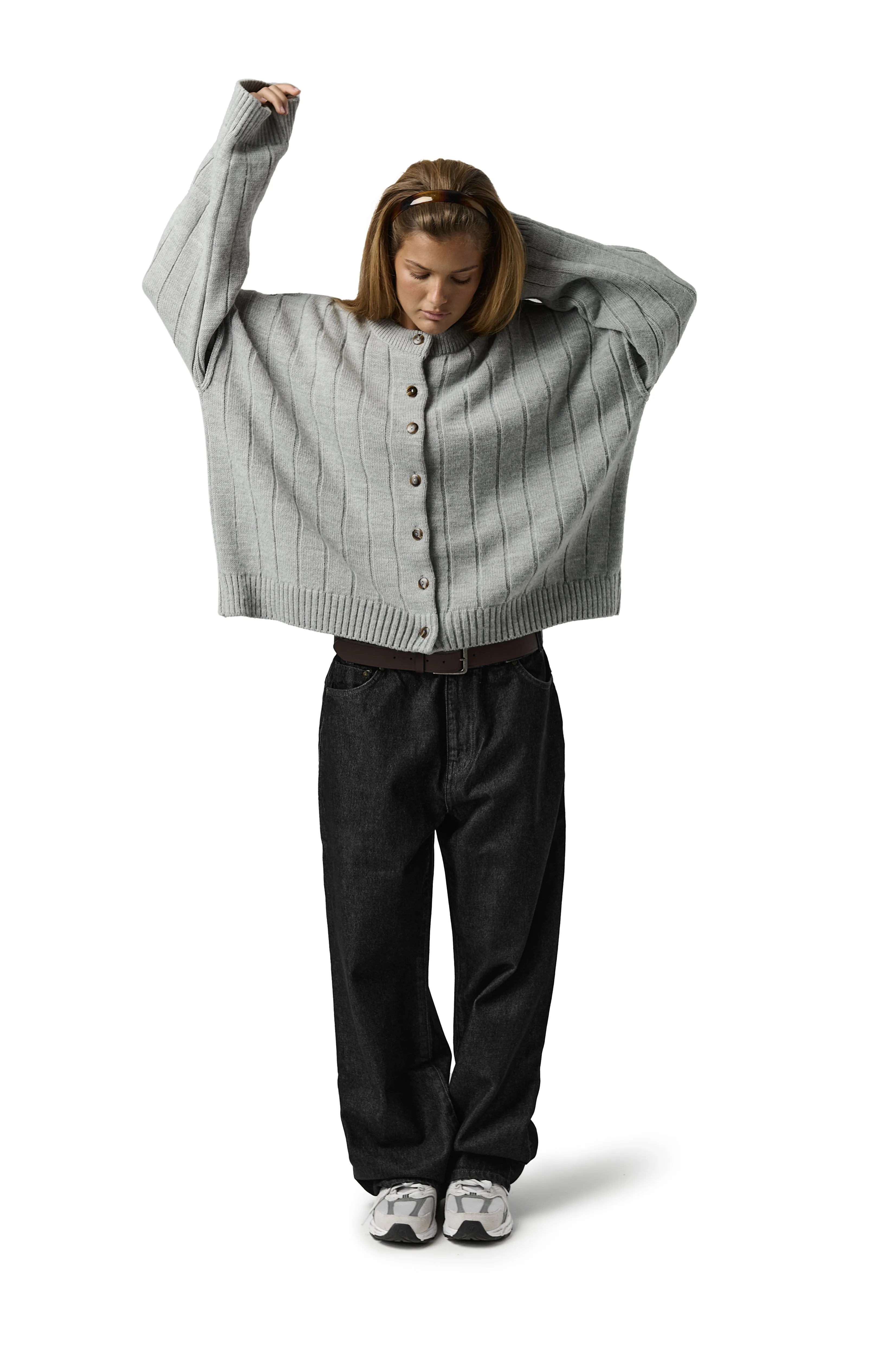 Bryant Button Cardigan in Light Grey Ribbed Detailing Plush Inner Lining