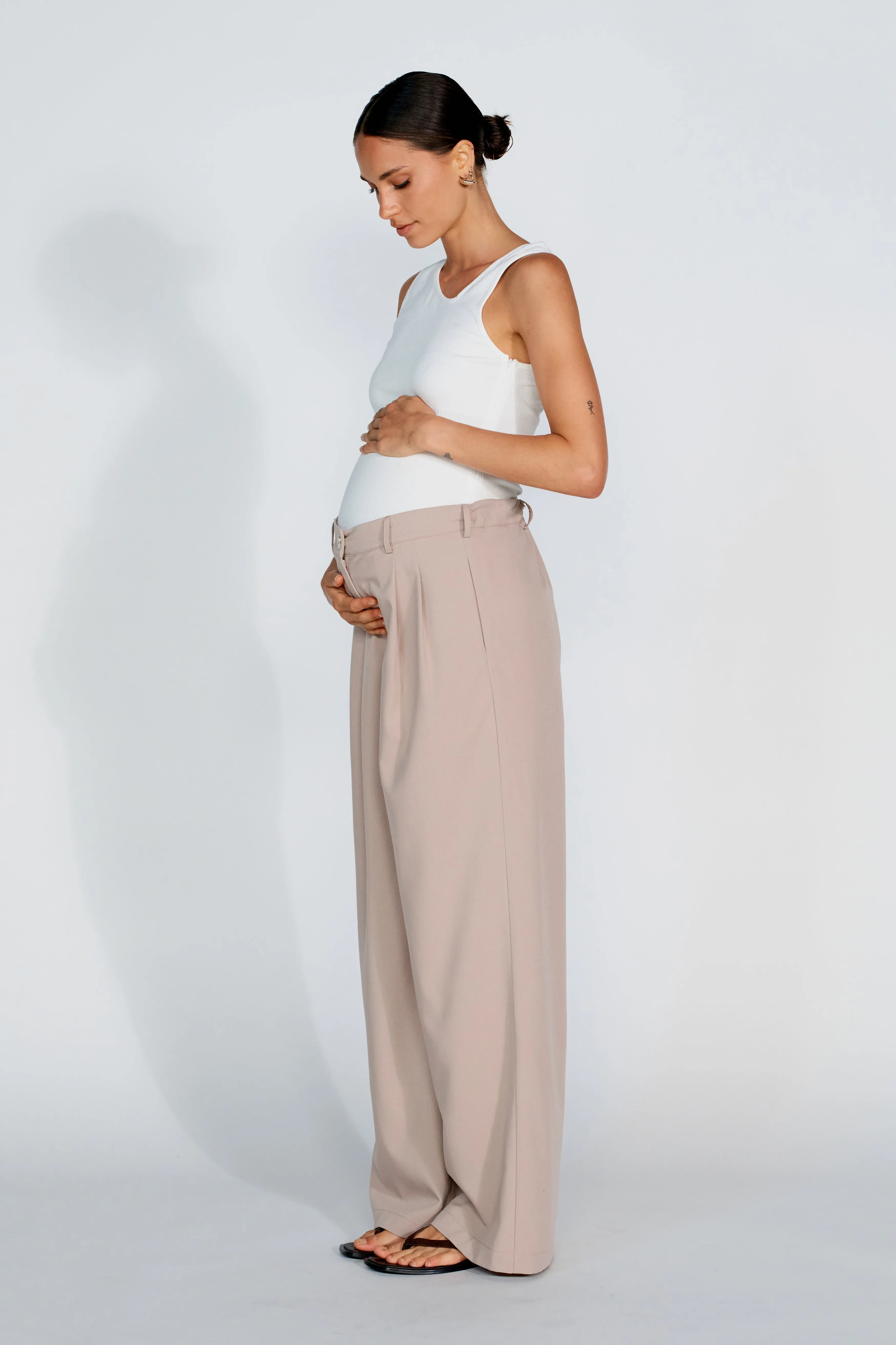 Zadie Adjustable Wide Leg Trouser - Latte all body types tie waist