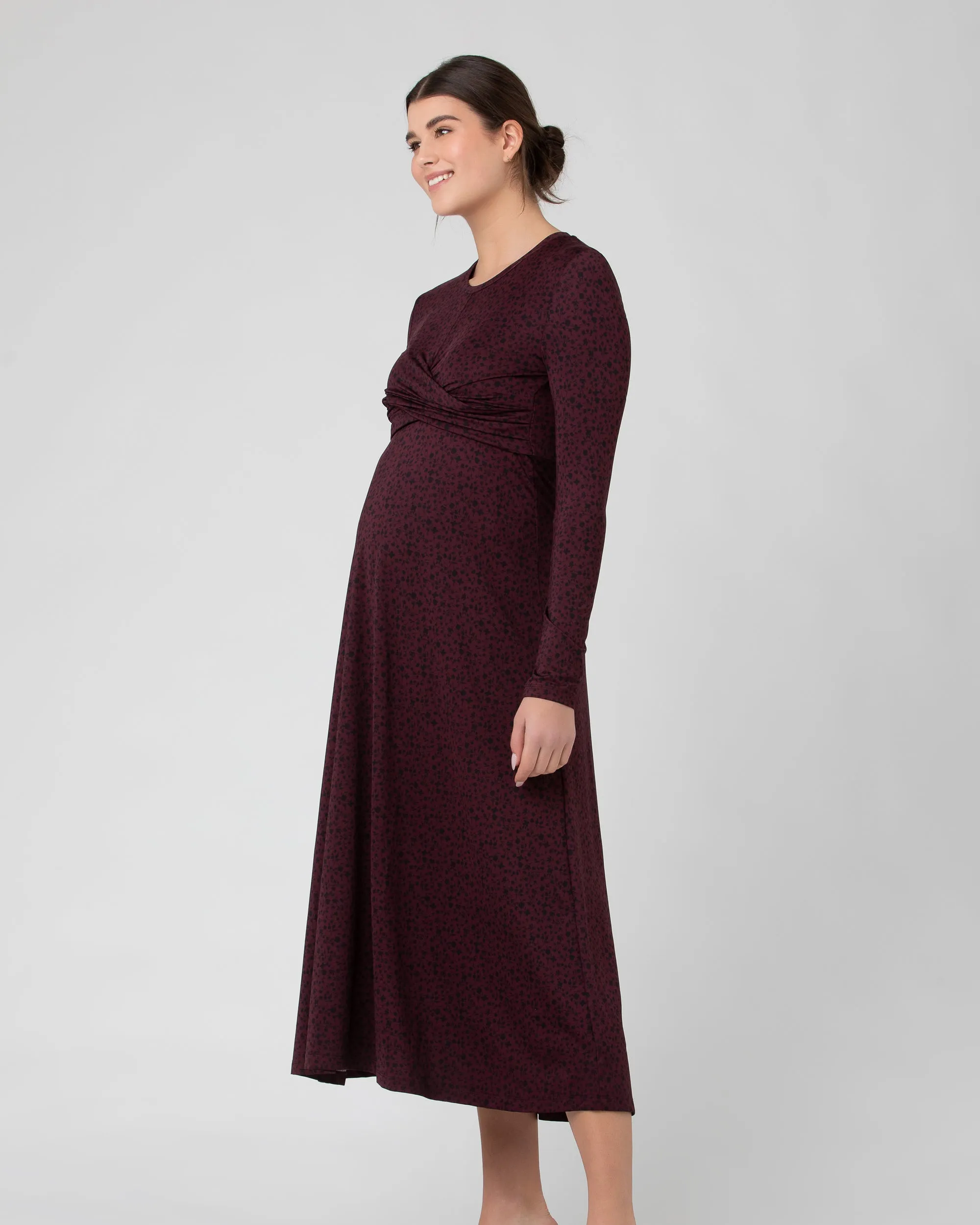 Jude Cross Front Nursing Dress Maroon / Black belly coverage button detail