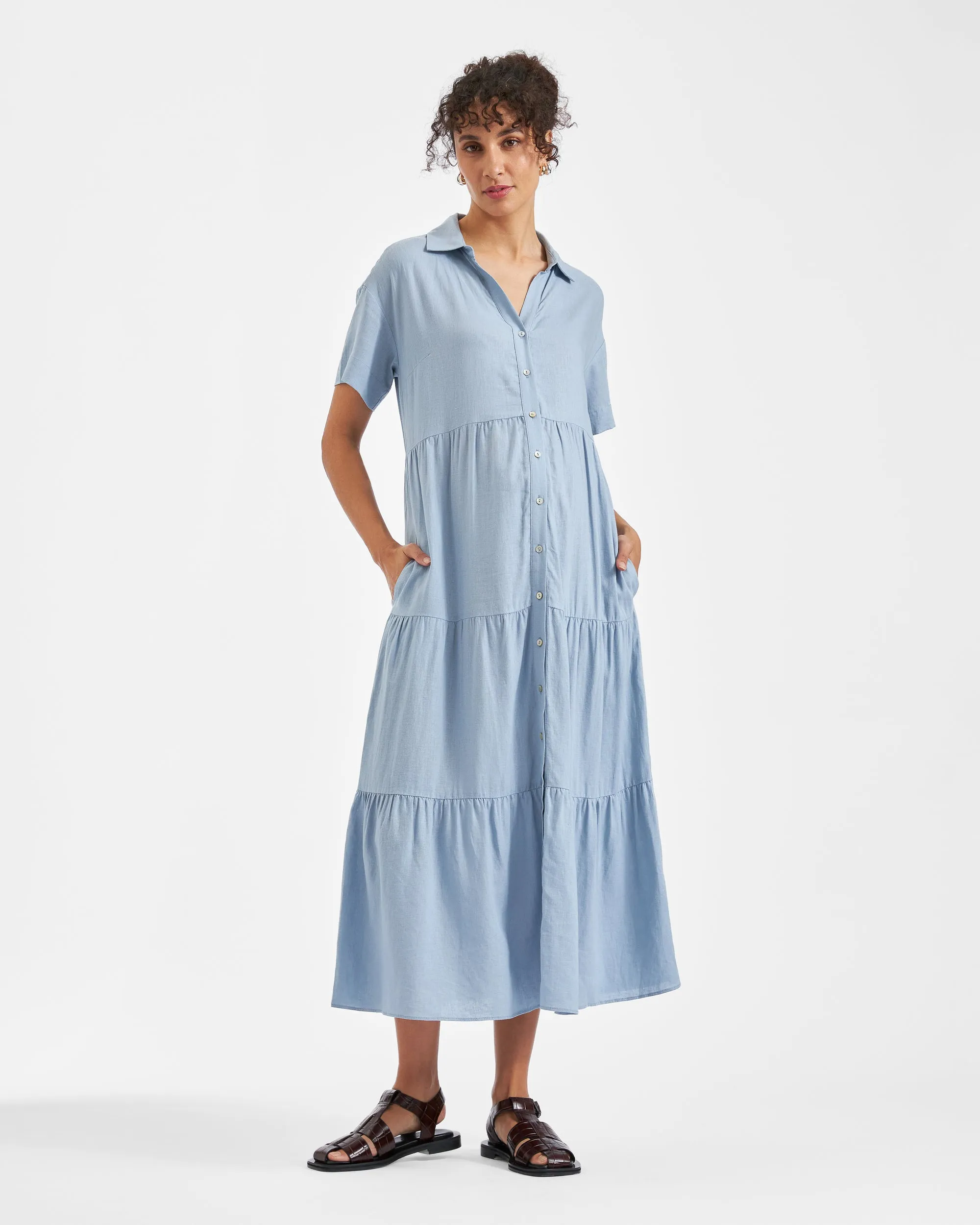 slim fit Macy Longline Linen Dress Pale Blue