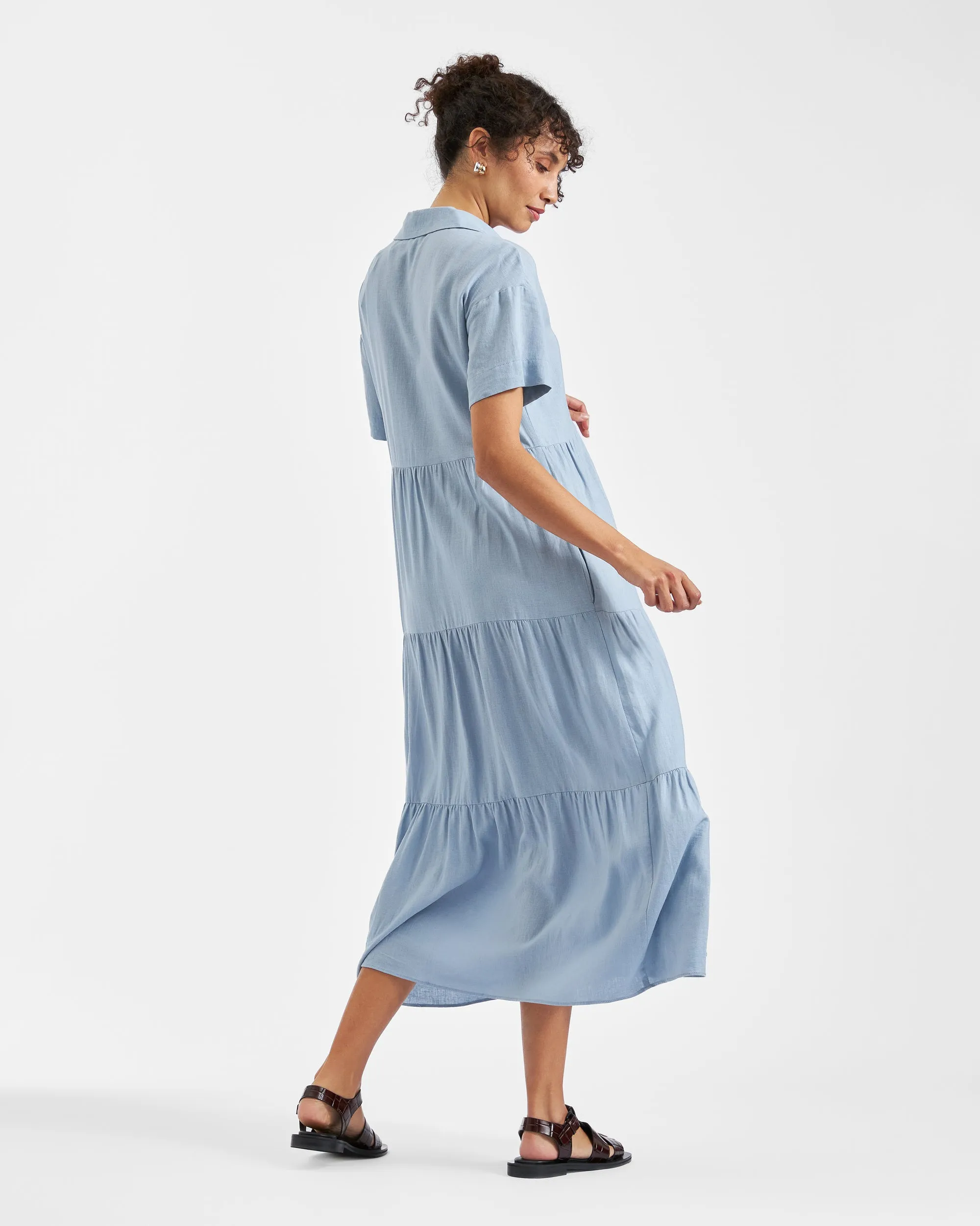 Round Neck split leg Macy Longline Linen Dress Pale Blue
