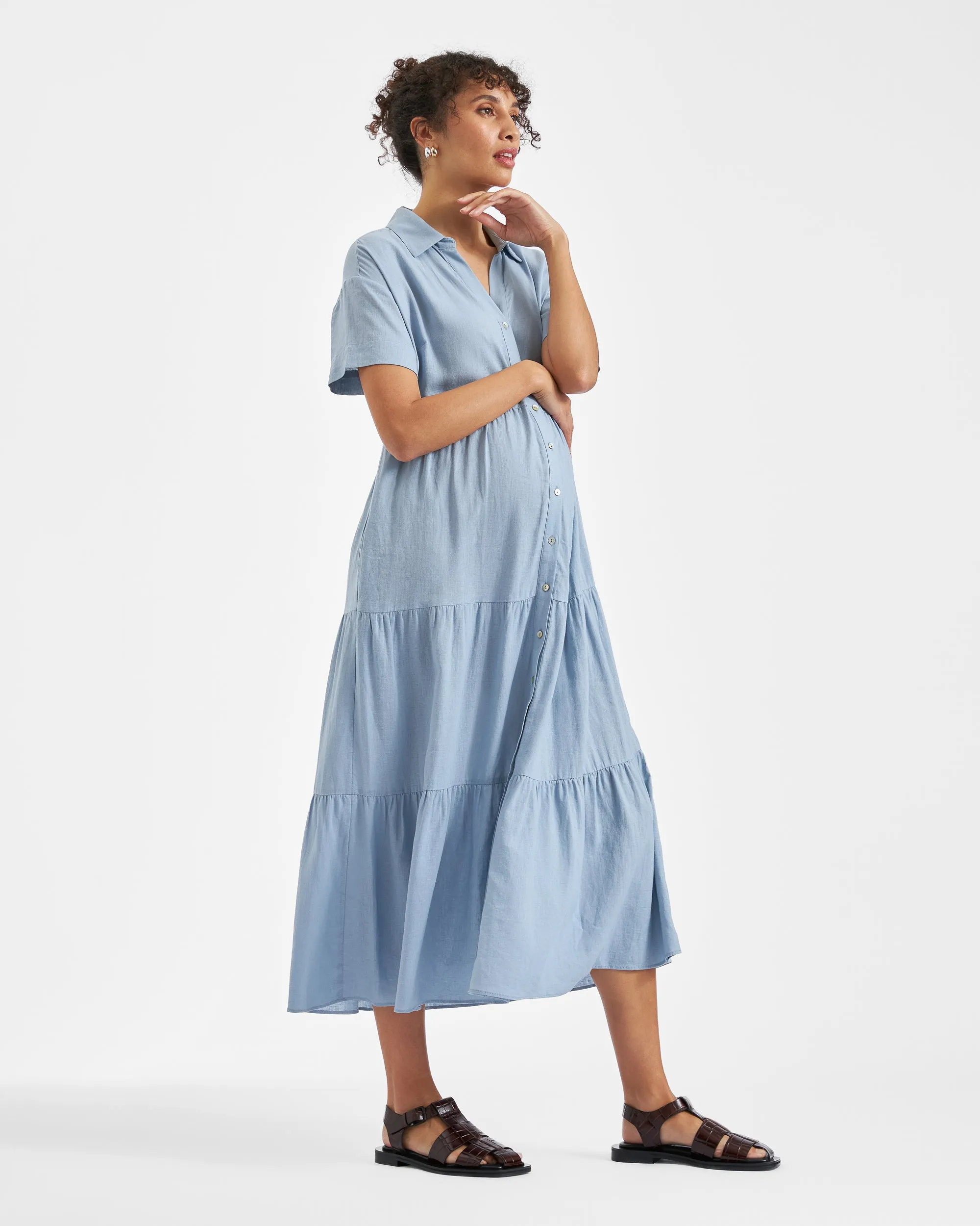 first trimester baby bump Macy Longline Linen Dress Pale Blue