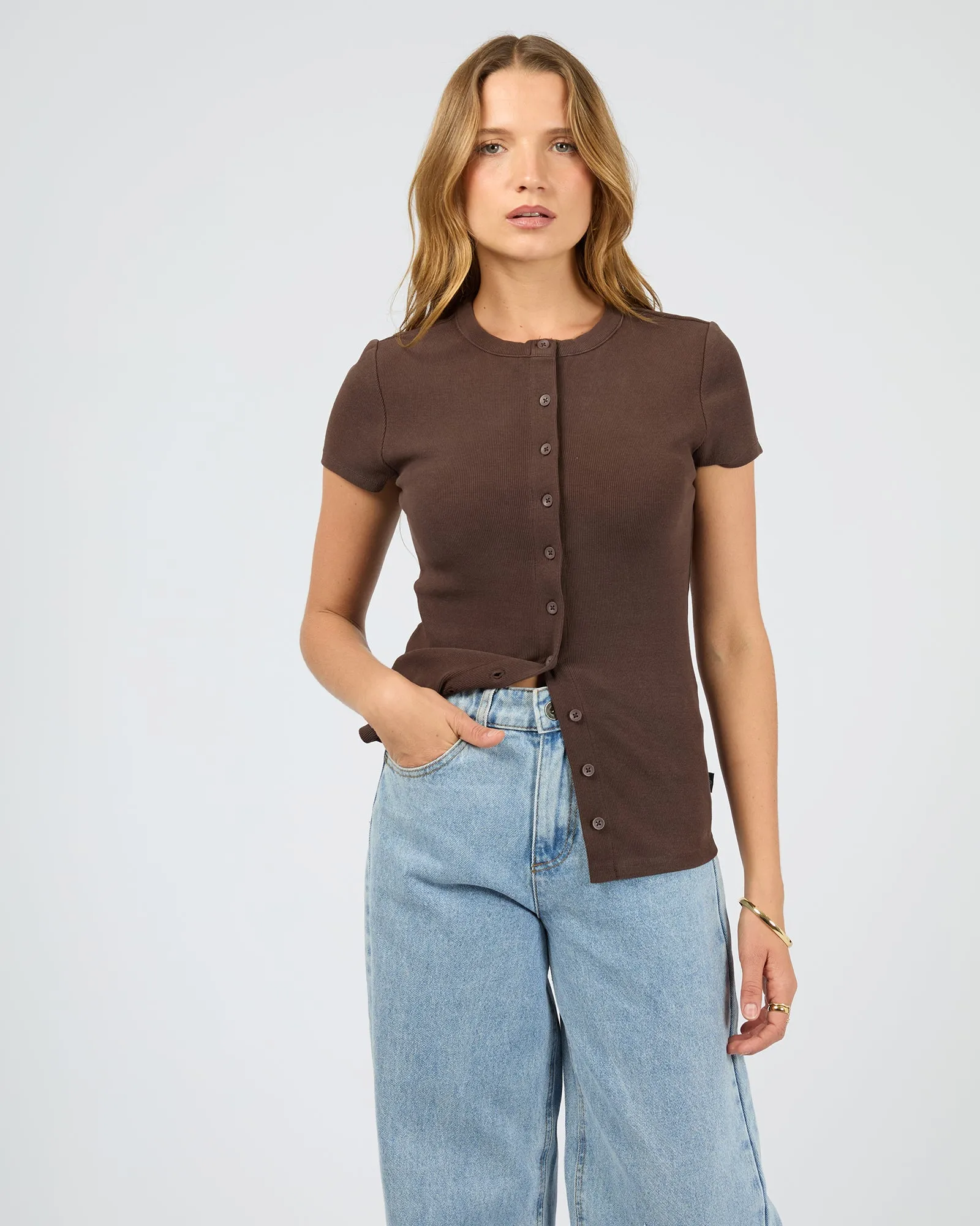 Beach relaxation Button Up Short Sleeve Tee Chocolate