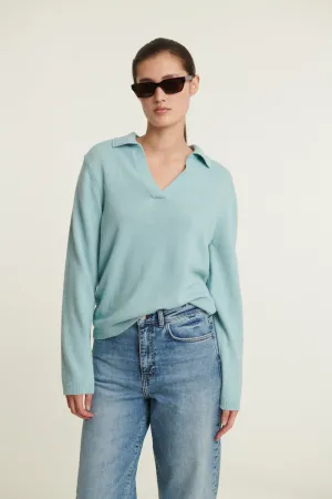 Double Layered Cuffs Garment Washed Cady Polo Sweater - Gossamer Green