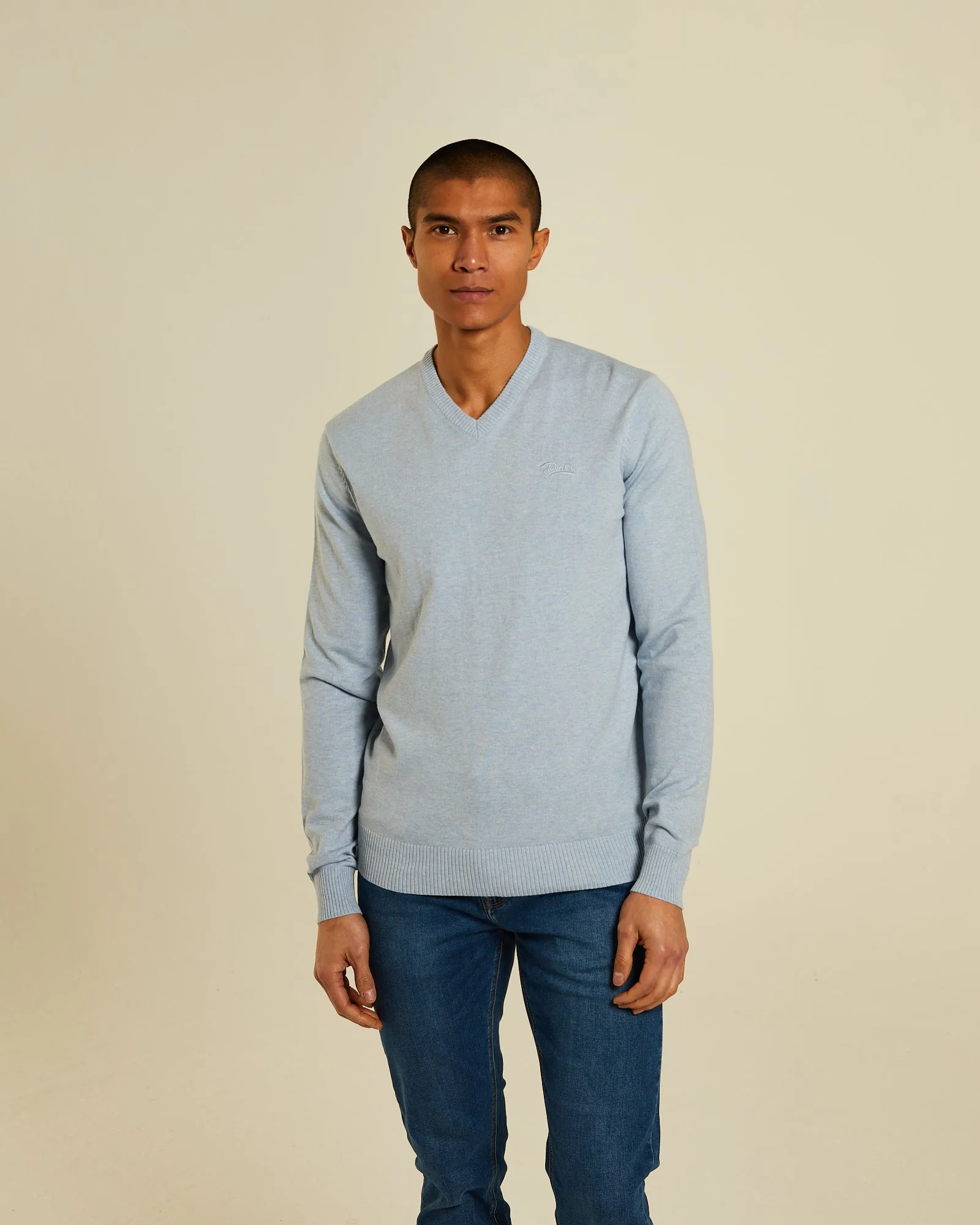 Tony V Neck Buoy Blue Marl Garment Dyed Process