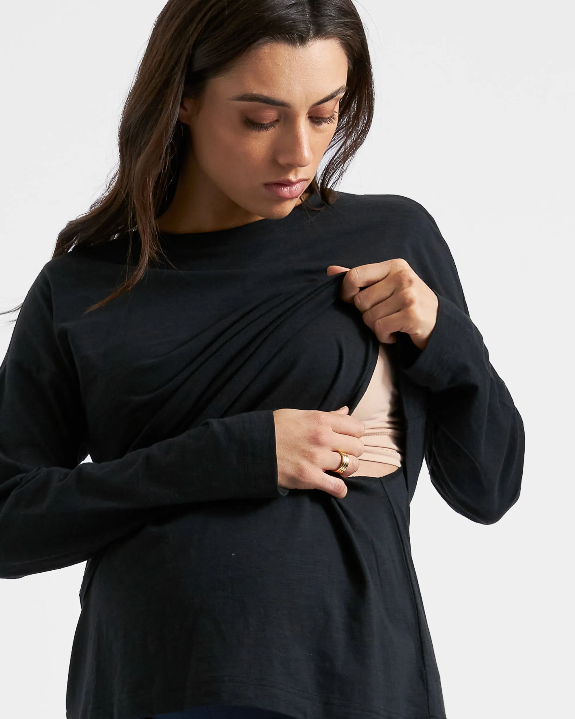 breastfeeding in public elastic waistband Claud Long Sleeve Nursing Top Black