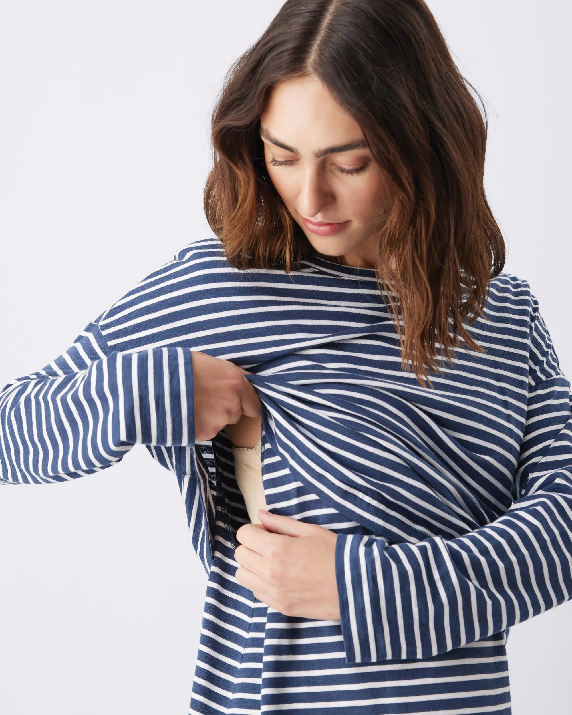 Bamboo Fiber third trimester Claudette Long Sleeve Nursing Top Ink / White