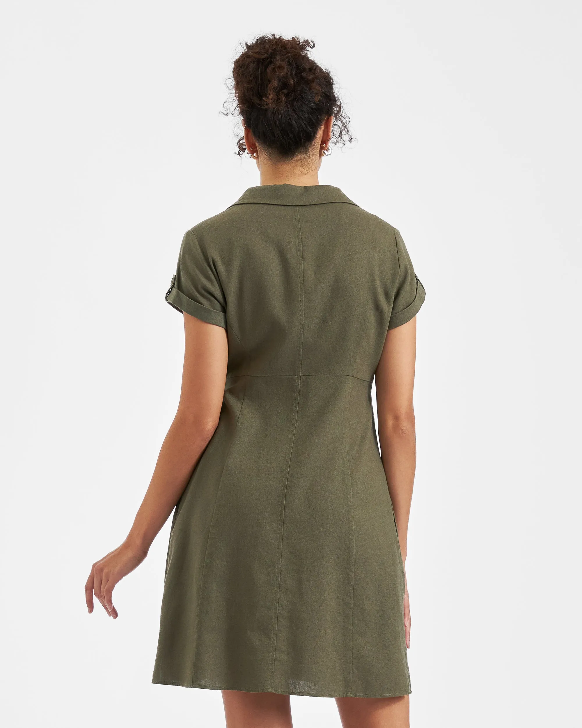 Colette Tie Up Linen Dress Olive Office Wear