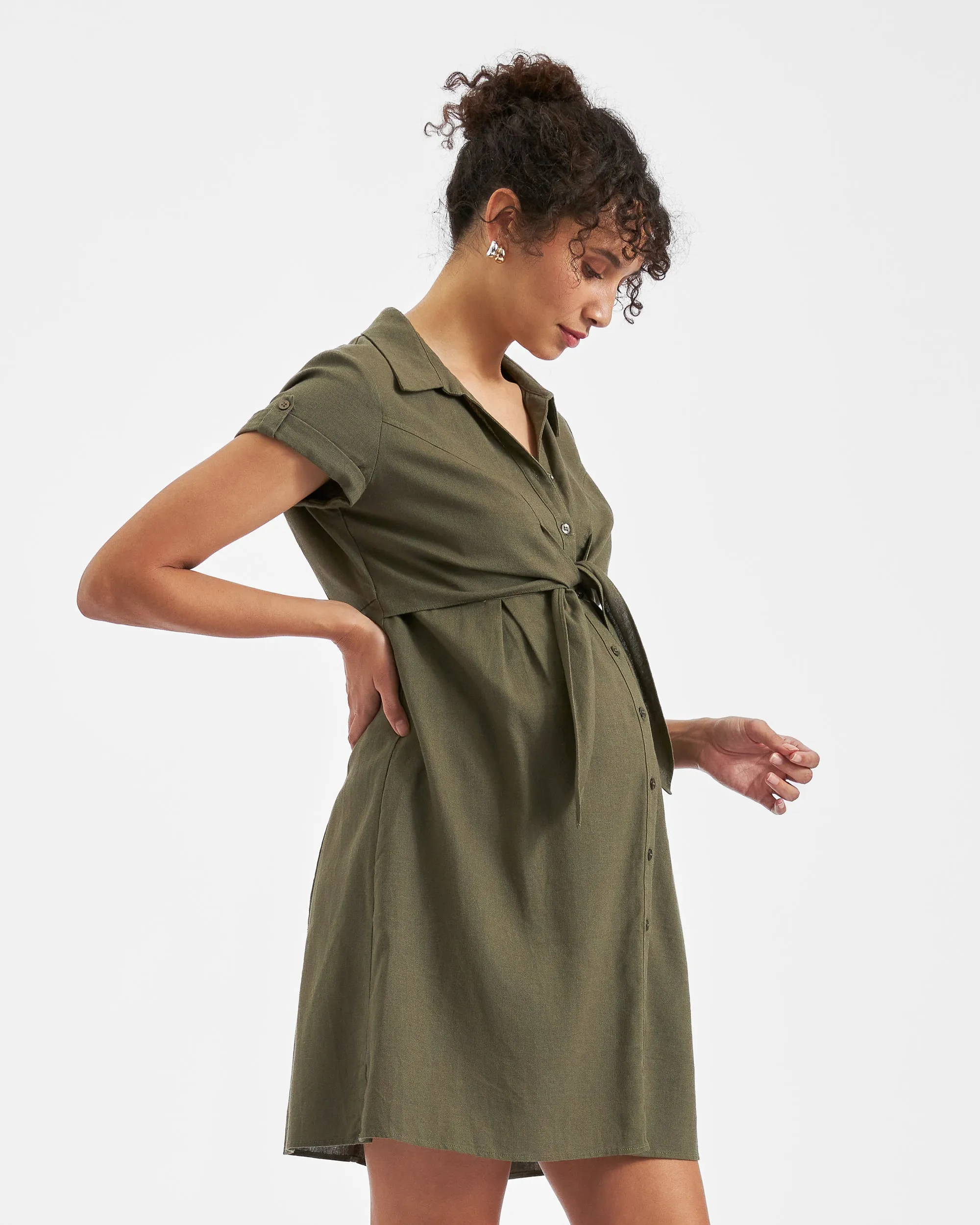 labor robe stretchy pants Colette Tie Up Linen Dress Olive