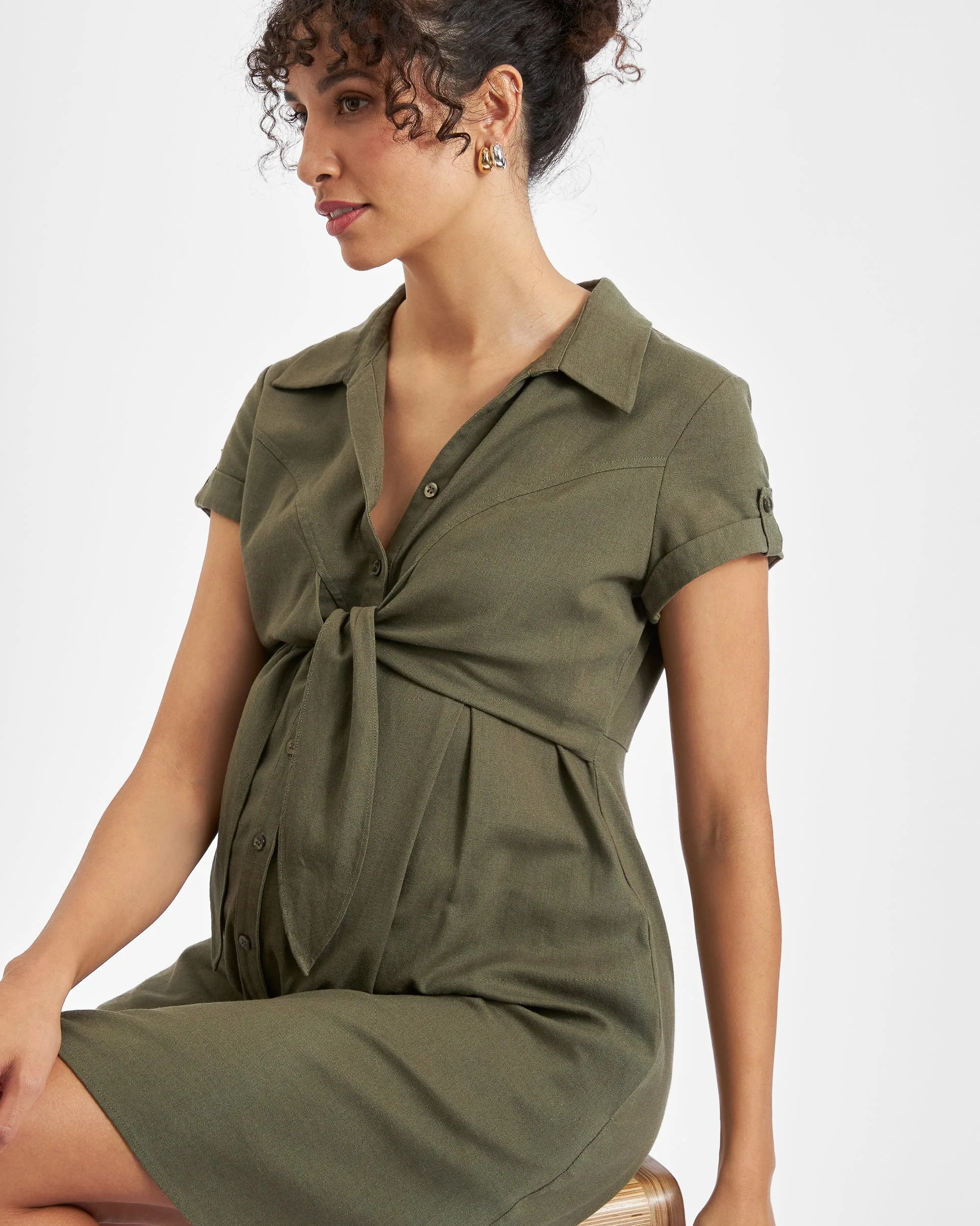 expecting mother Recovery Wear Colette Tie Up Linen Dress Olive