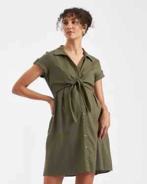 Colette Tie Up Linen Dress Olive prenatal care