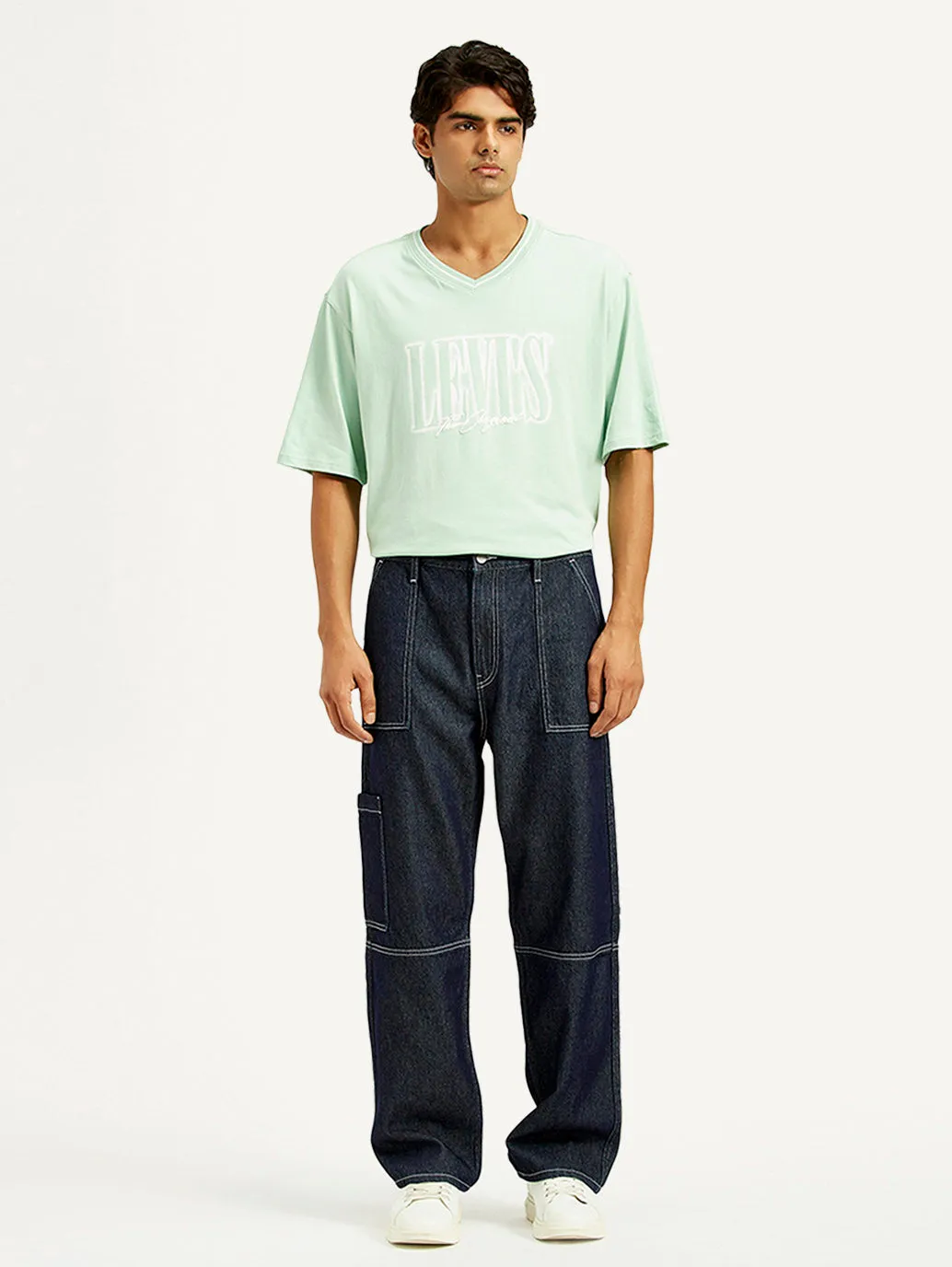 Men's 568 Dark Indigo Loose Fit Mid Rise Jeans Curved Seam Construction Anti Static Material Blend