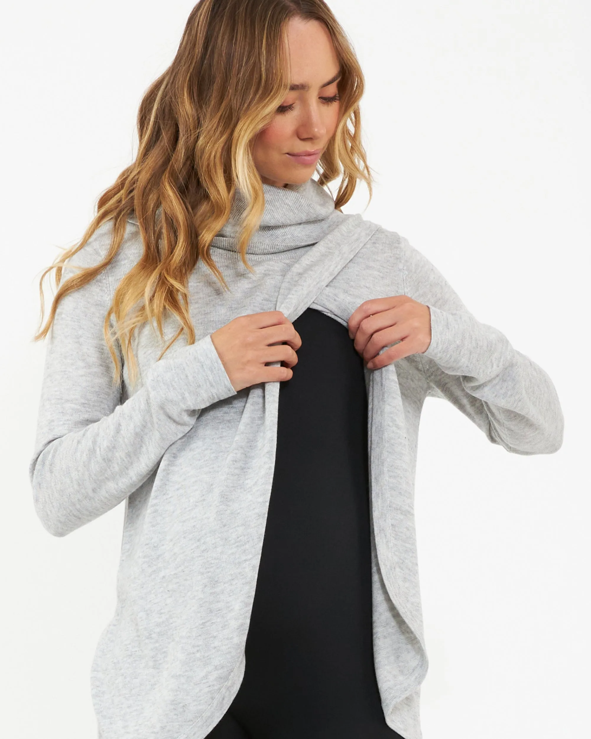 Double Layer Cowl Neck Nursing Knit  Silver Marle