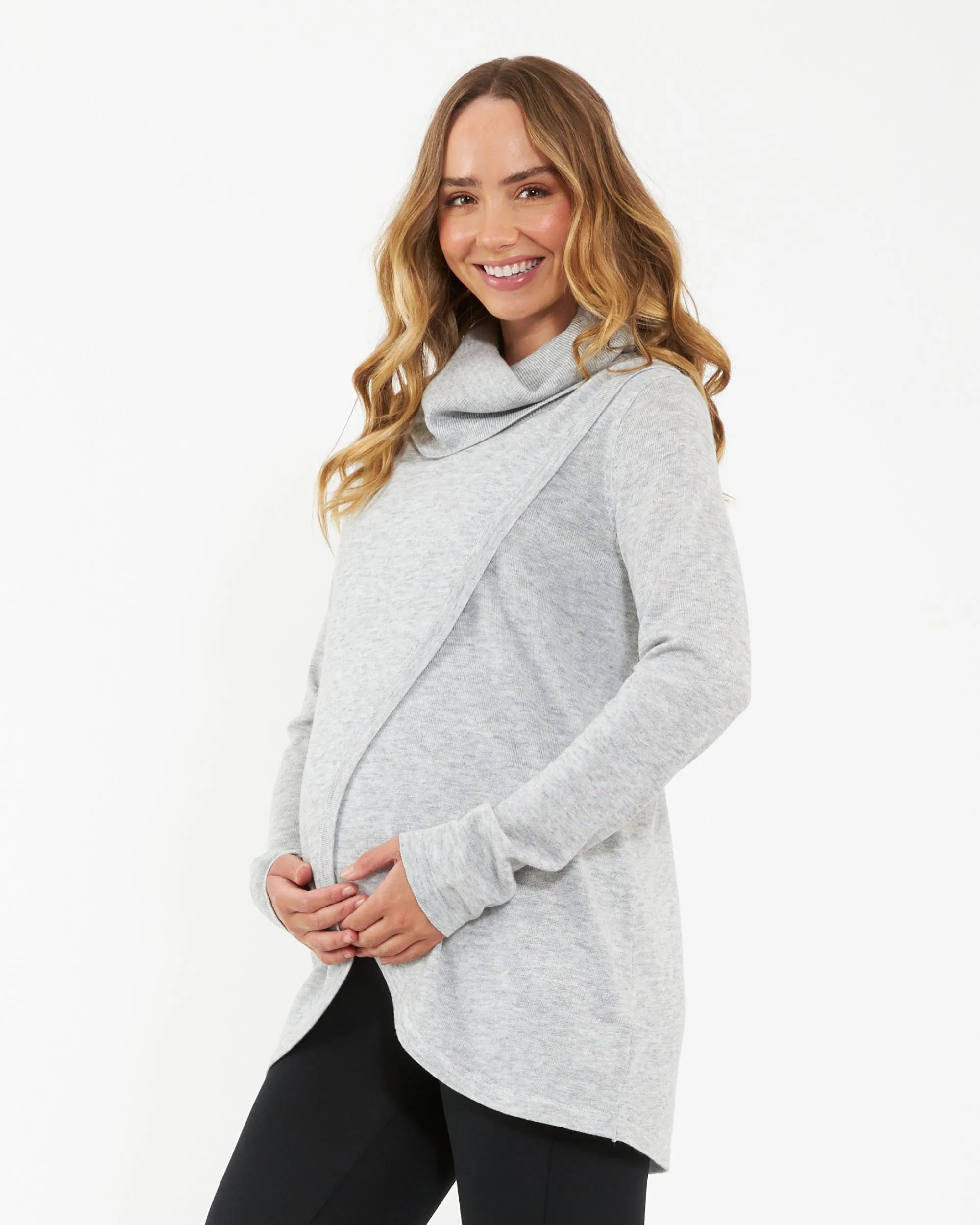 Cowl Neck Nursing Knit  Silver Marle nursing access