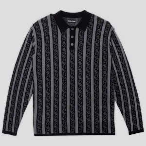Comfy Fit Short Sleeve Pass~Port Pattoned Knit Polo Long Sleeve - Black