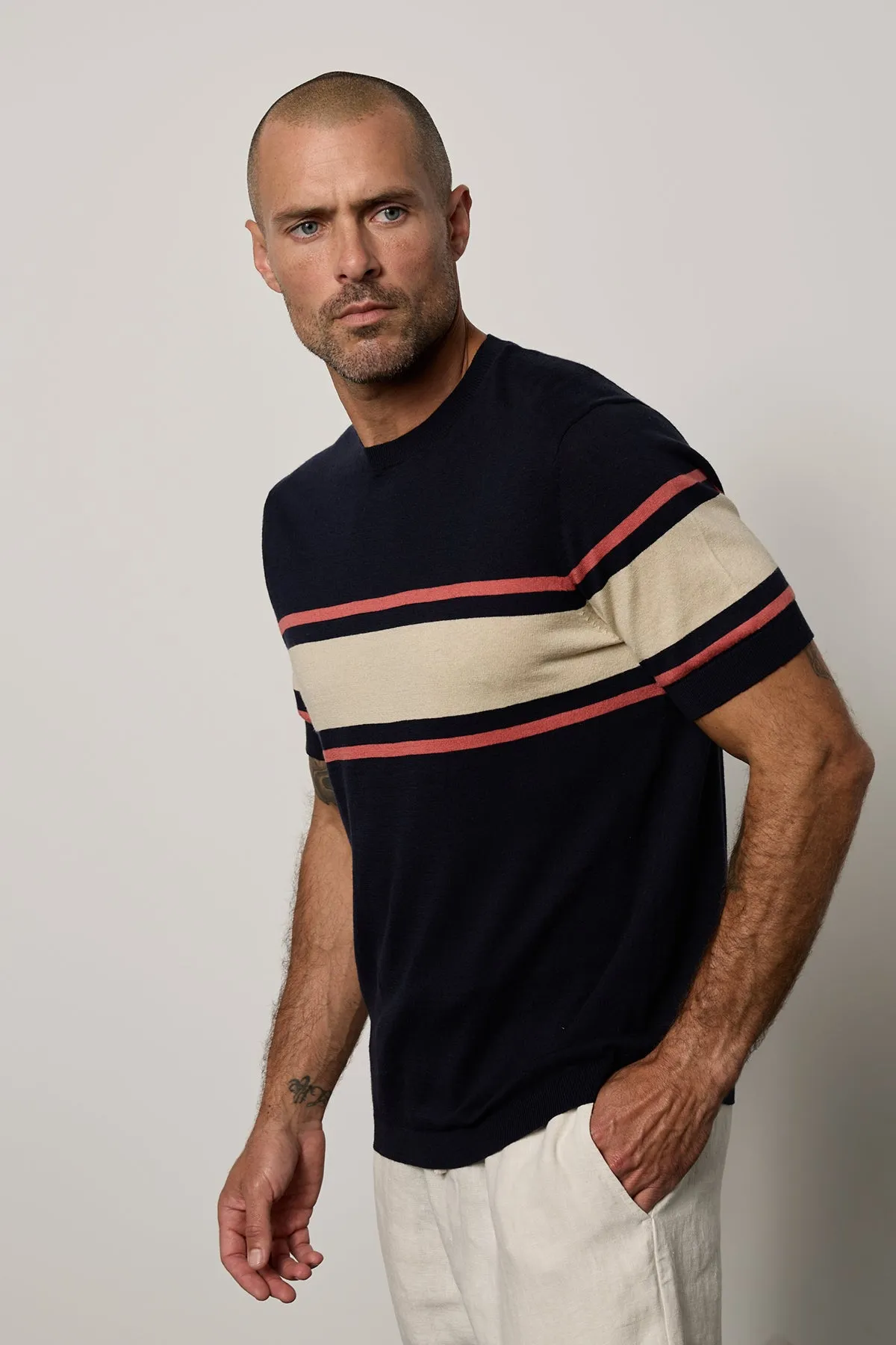 DEXTER LINEN BLEND STRIPED CREW Classic Pick FineGauge Knit