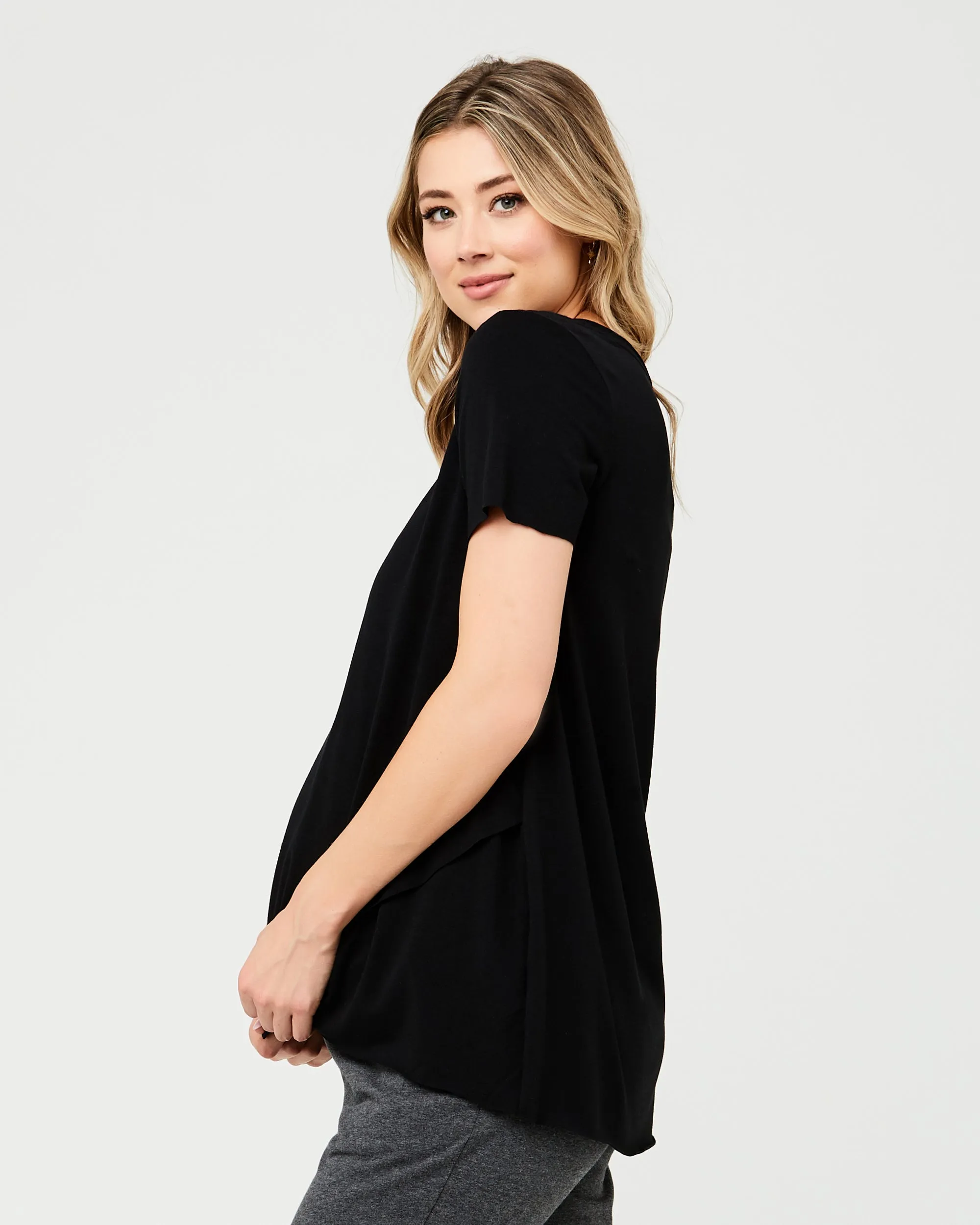 Multipurpose Use Short Sleeve Raw Edge Nursing Top Black