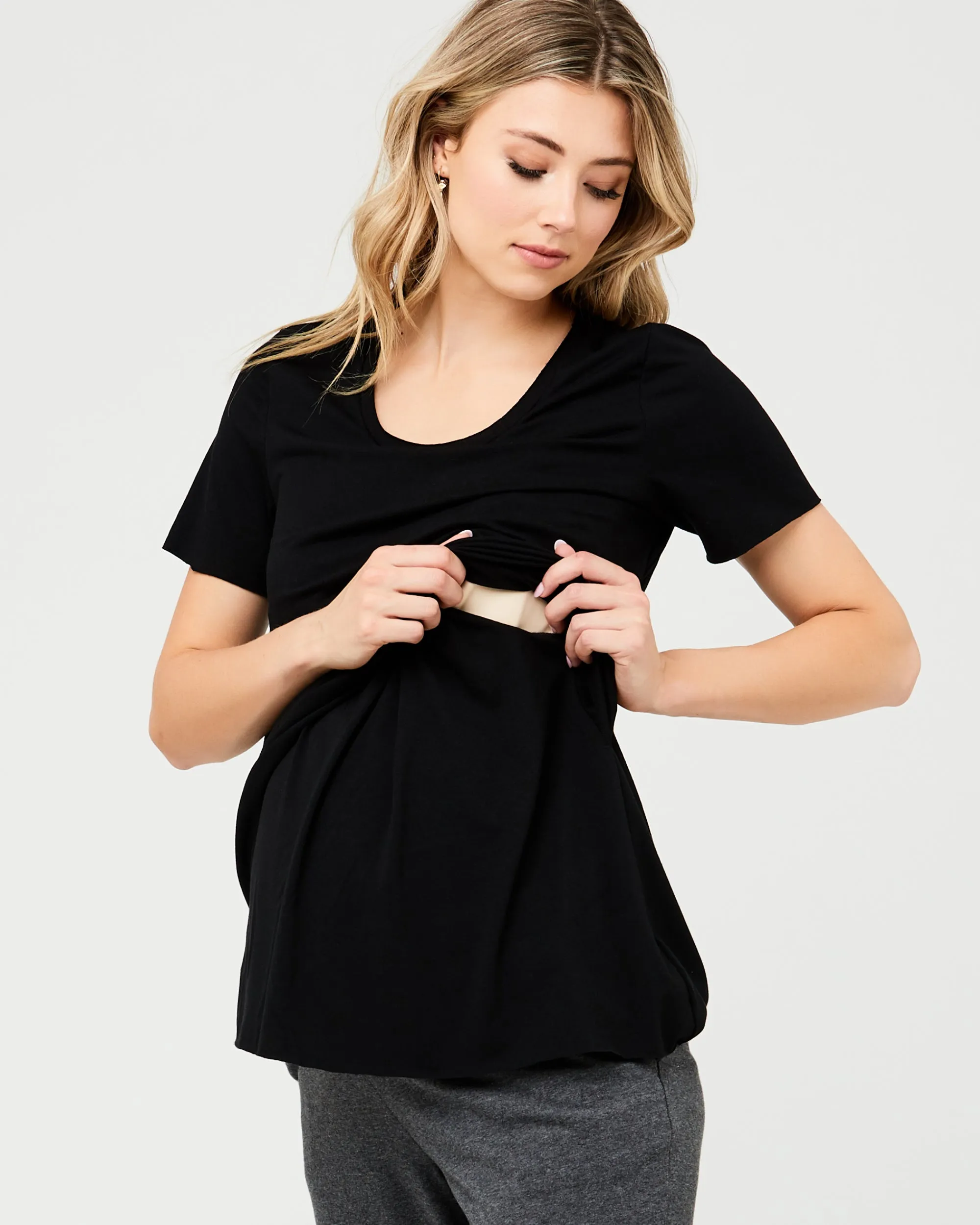 Short Sleeve Raw Edge Nursing Top Black solid color stretchy leggings